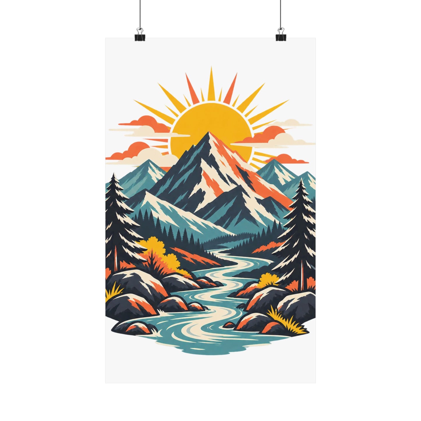 Alpine Sunrise River Mountain Adventure Art Poster