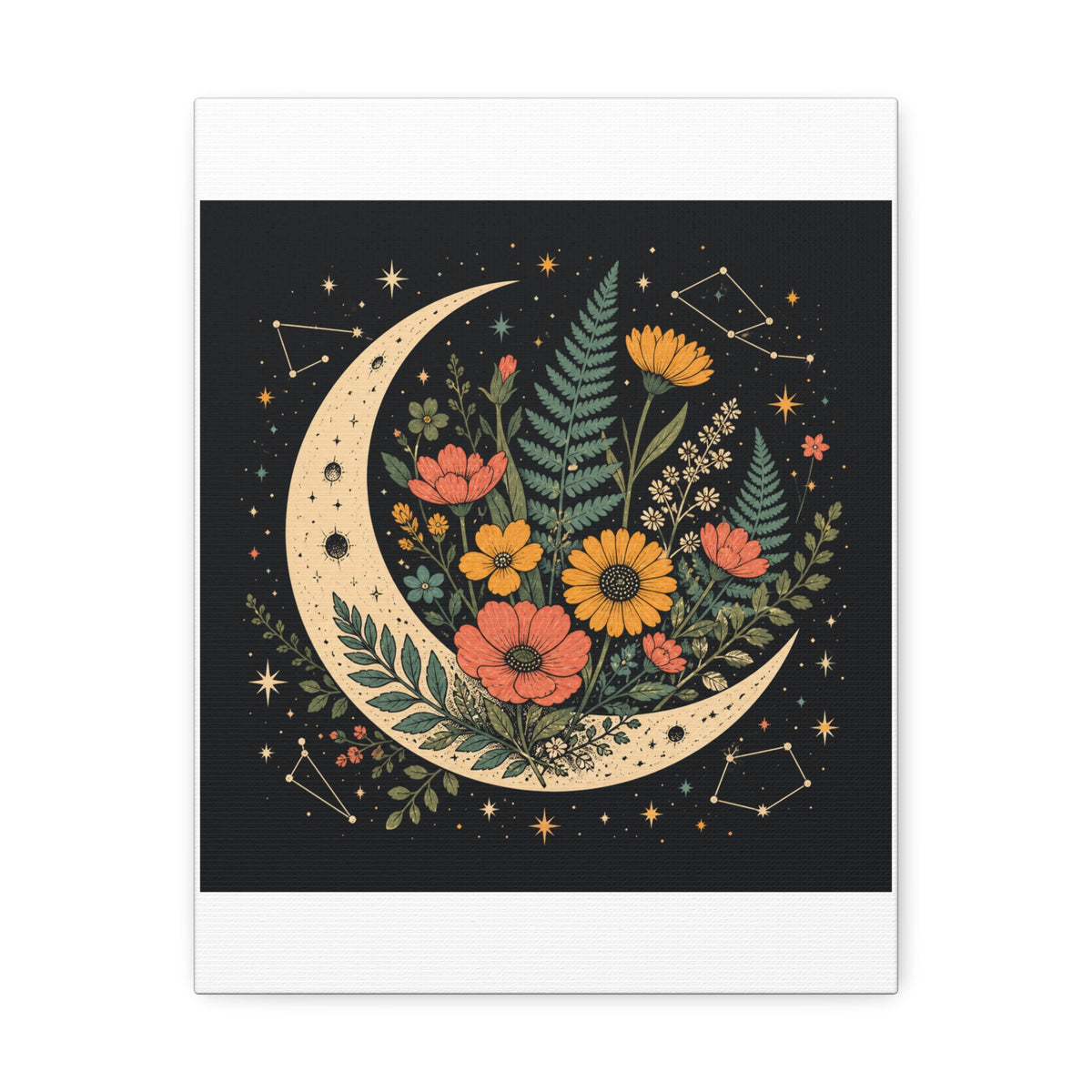Celestial Wildflower Crescent Moon Botanical Canvas Art