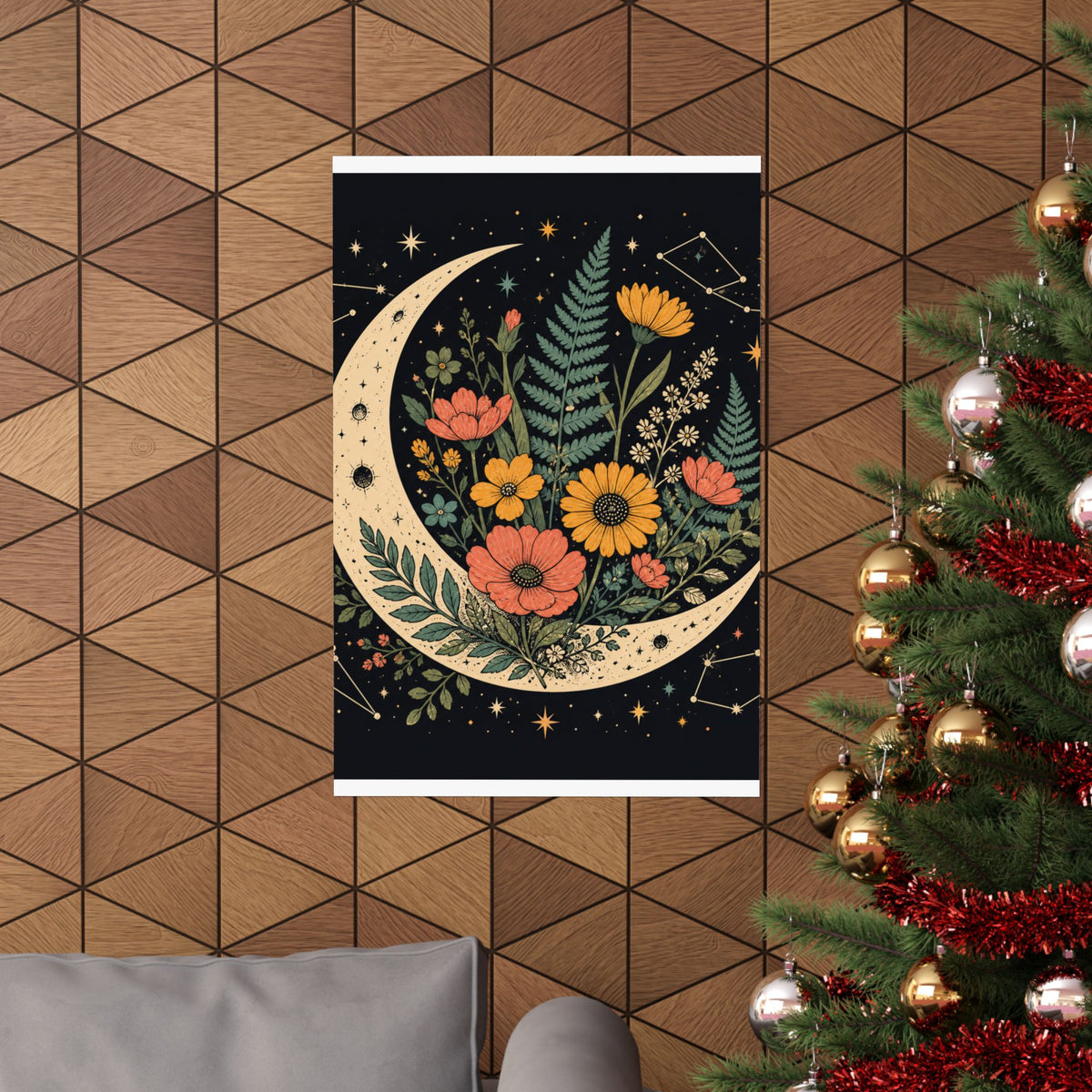 Celestial Wildflower Crescent Moon Botanical Art Poster