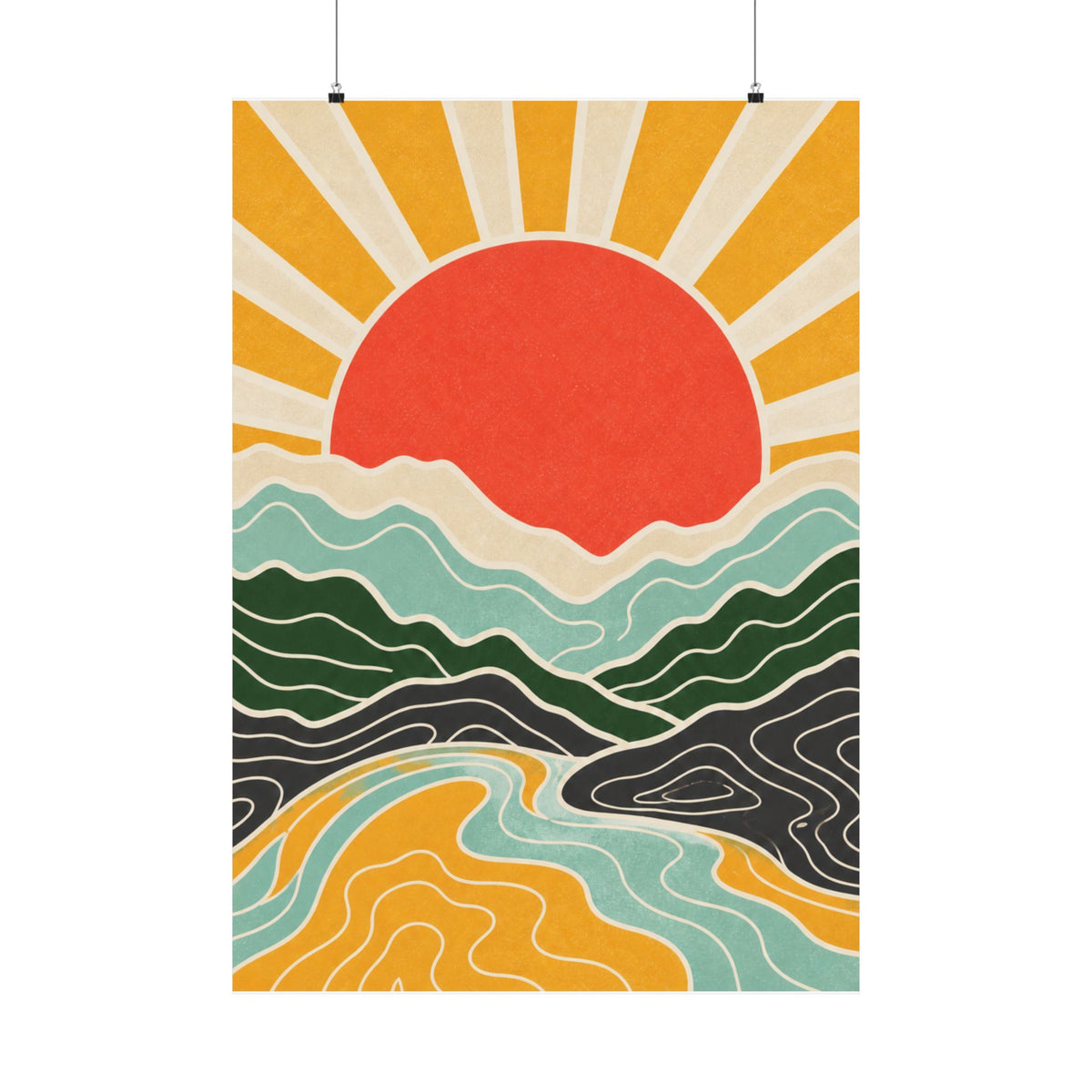 Topographic Sunrise Mid Century Mountain Art Poster