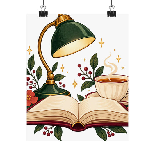 Cozy Book Lamp and Botanical Reading Art Poster