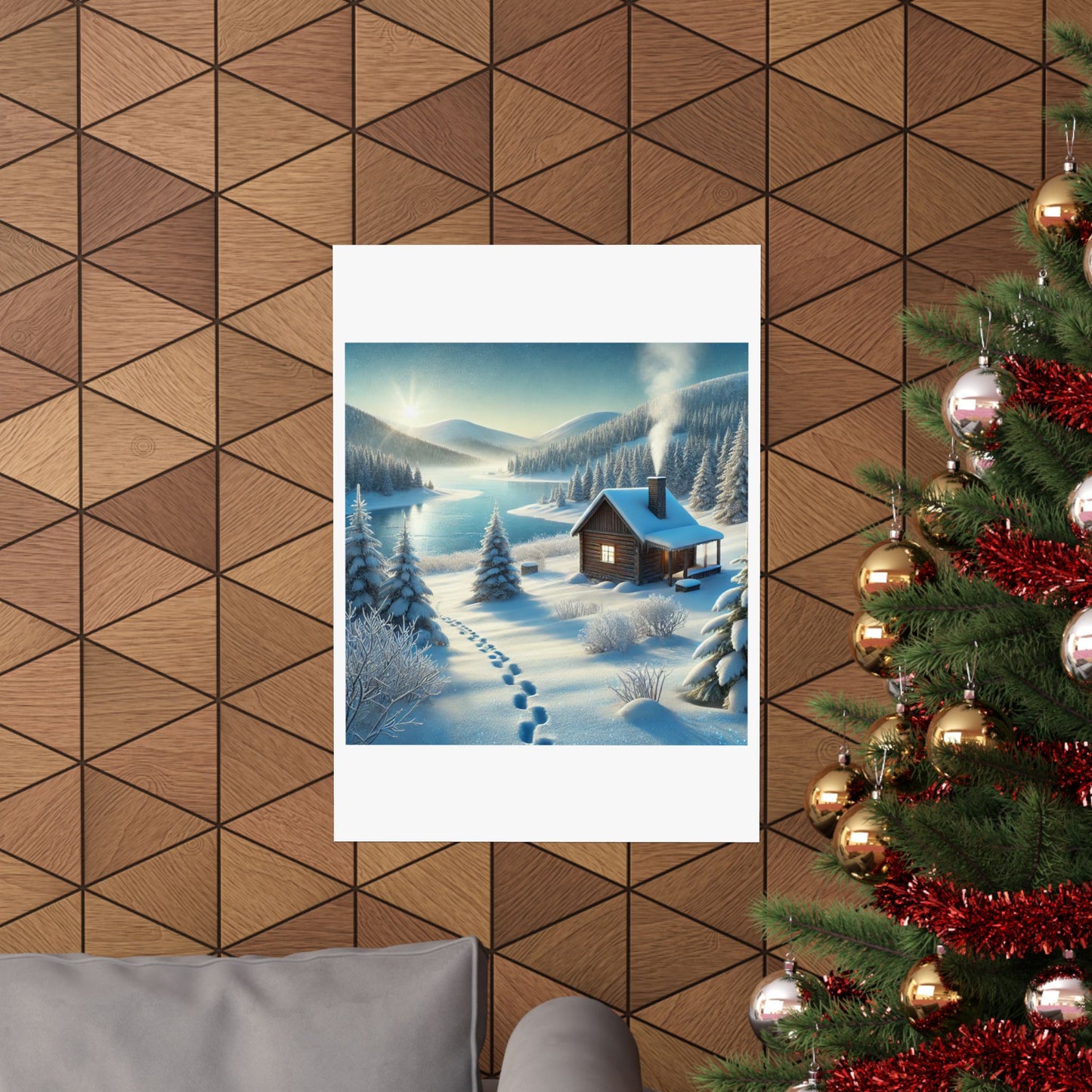 Snowy Cabin Winter Lake Landscape Art Poster
