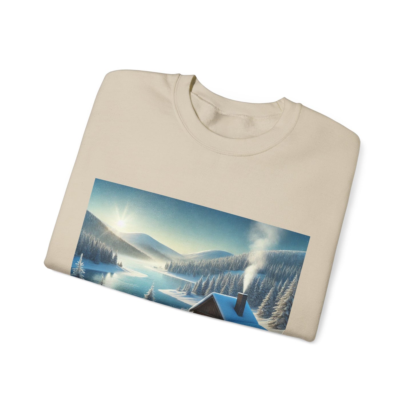 Snowy Cabin Winter Lake Landscape Art Sweatshirt