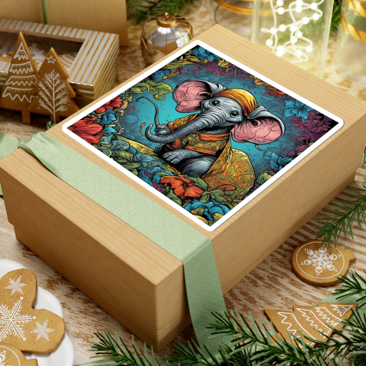 Colorful Storybook Elephant Floral Garden Sticker
