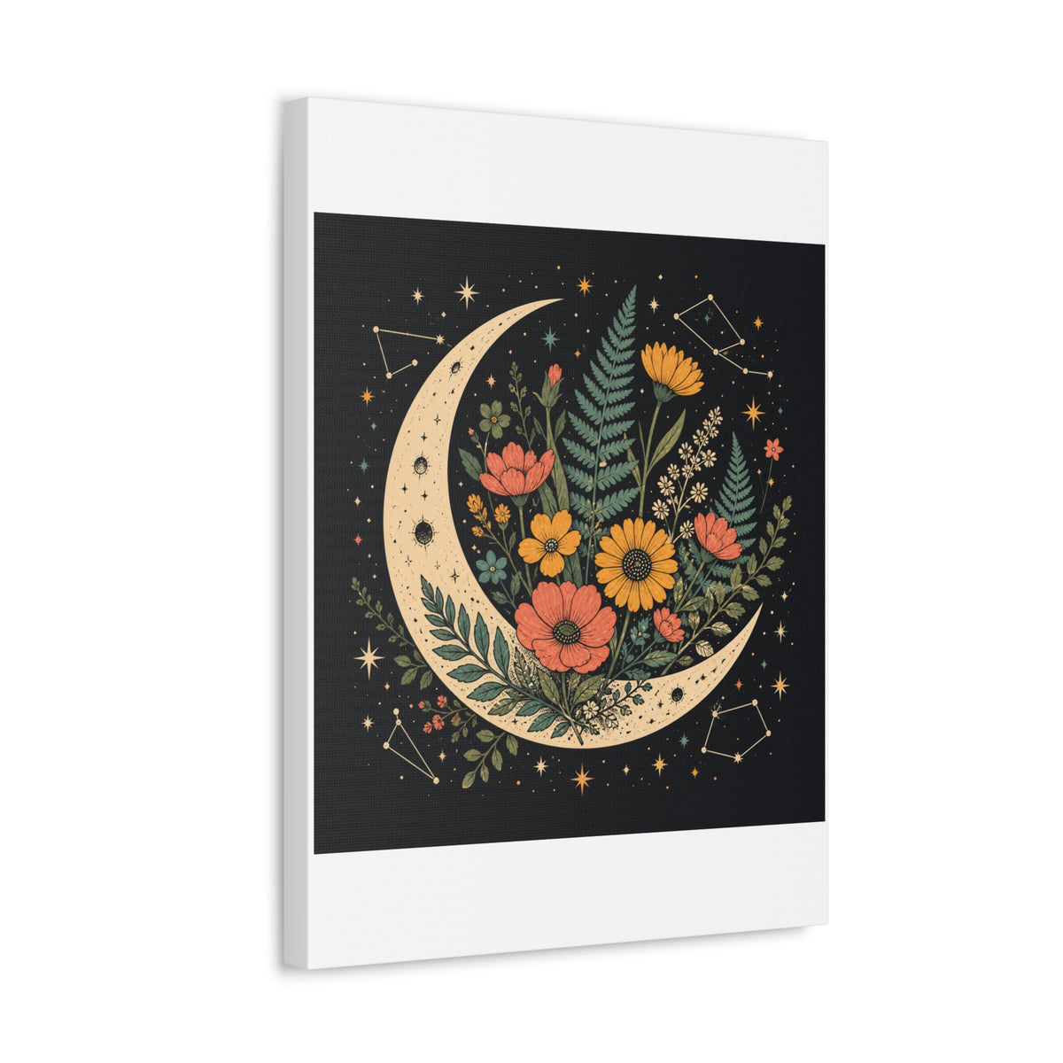 Celestial Wildflower Crescent Moon Botanical Canvas Art