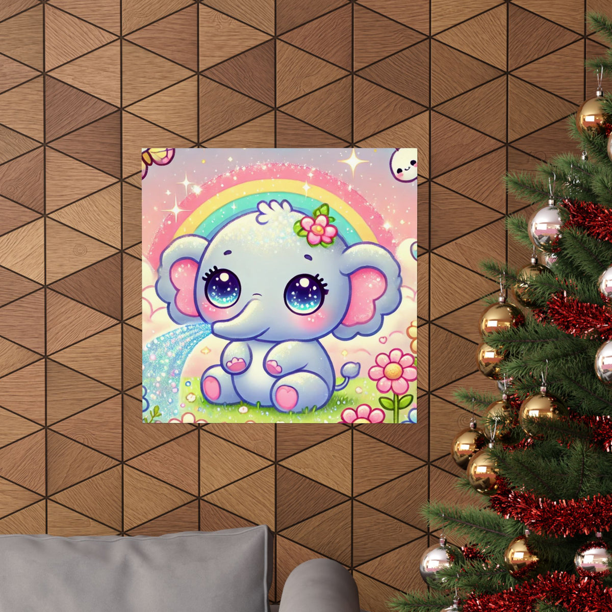 Pastel Rainbow Baby Elephant Floral Wall Art Poster