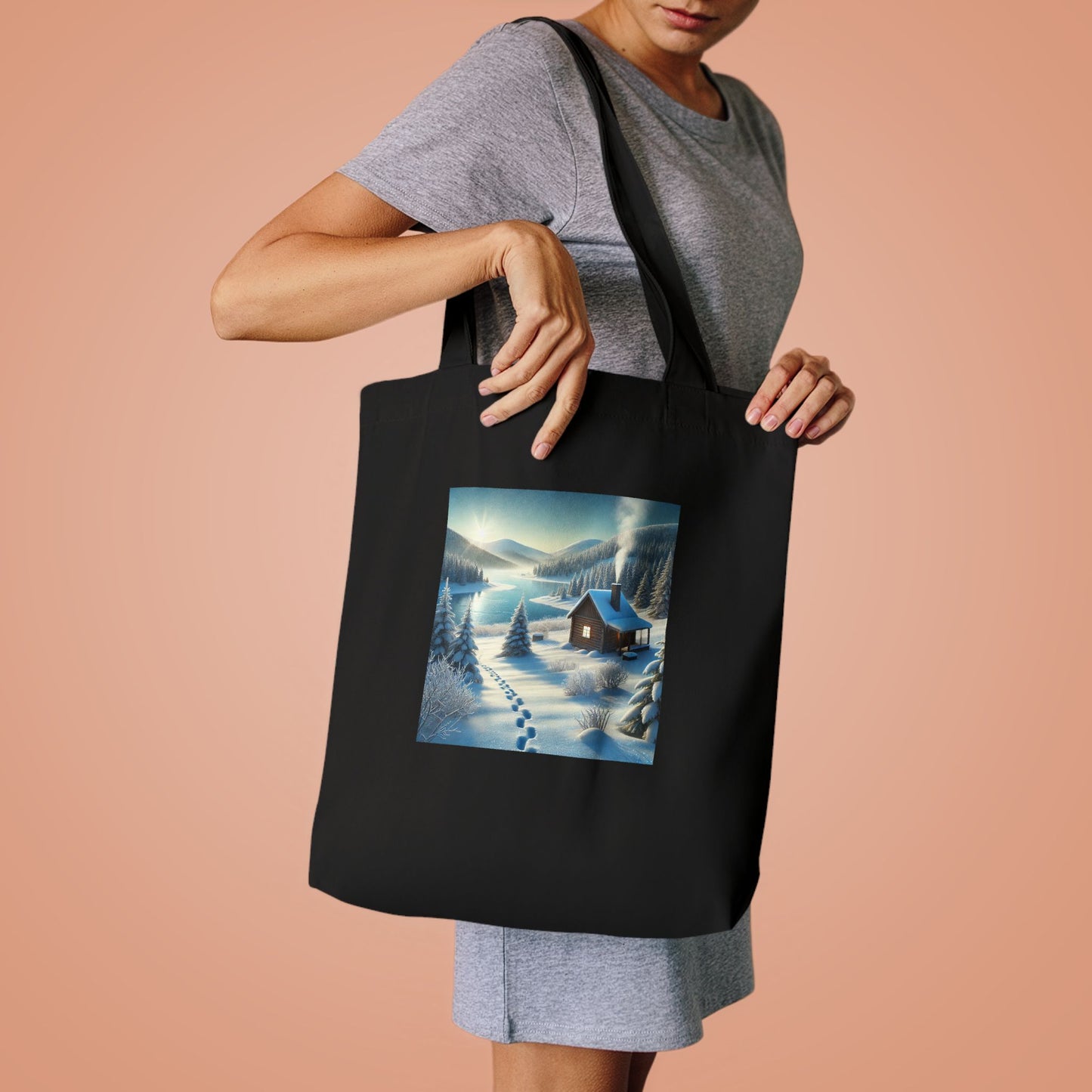 Snowy Cabin Winter Lake Landscape Art Tote Bag