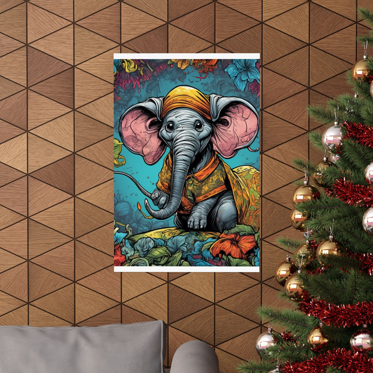 Colorful Storybook Elephant Floral Garden Wall Art Poster