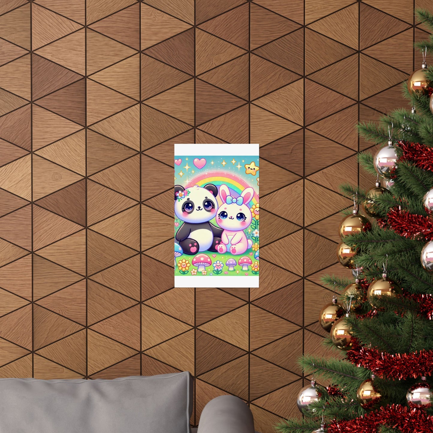 Pastel Panda and Bunny Rainbow Garden Wall Art Poster
