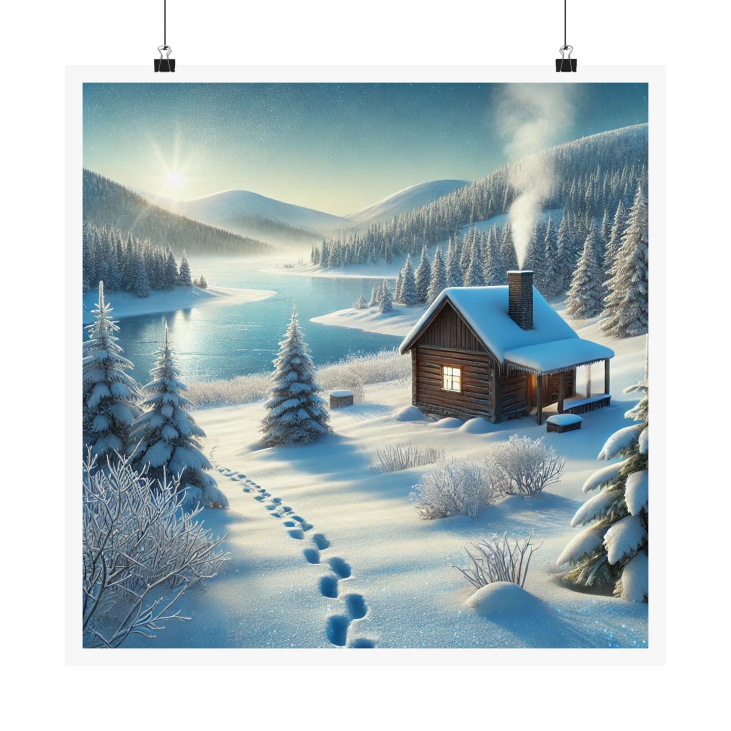 Snowy Cabin Winter Lake Landscape Art Poster