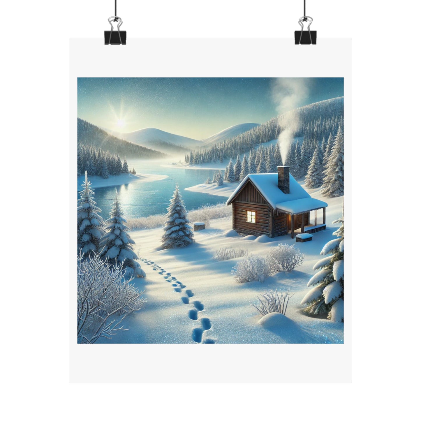 Snowy Cabin Winter Lake Landscape Art Poster