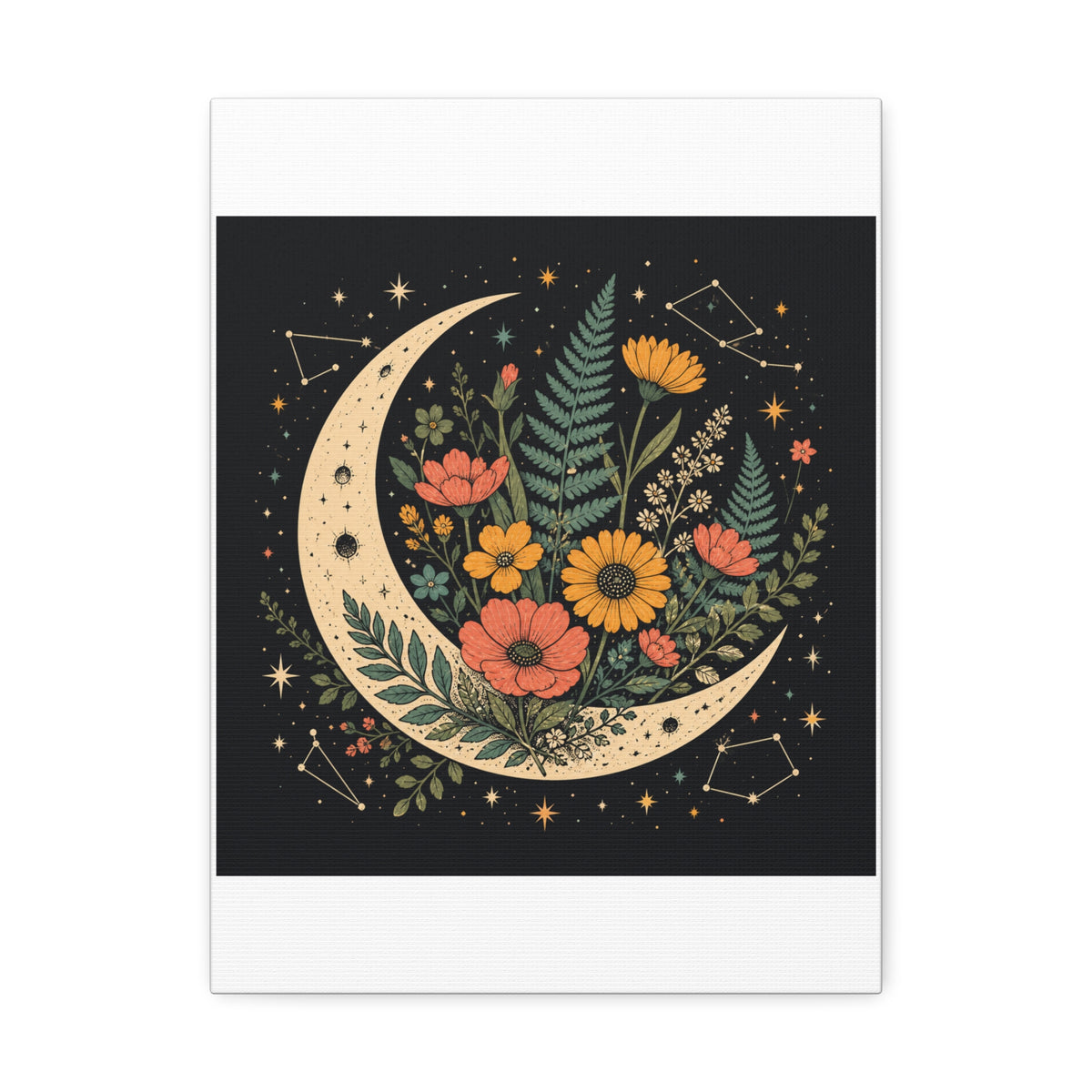 Celestial Wildflower Crescent Moon Botanical Canvas Art