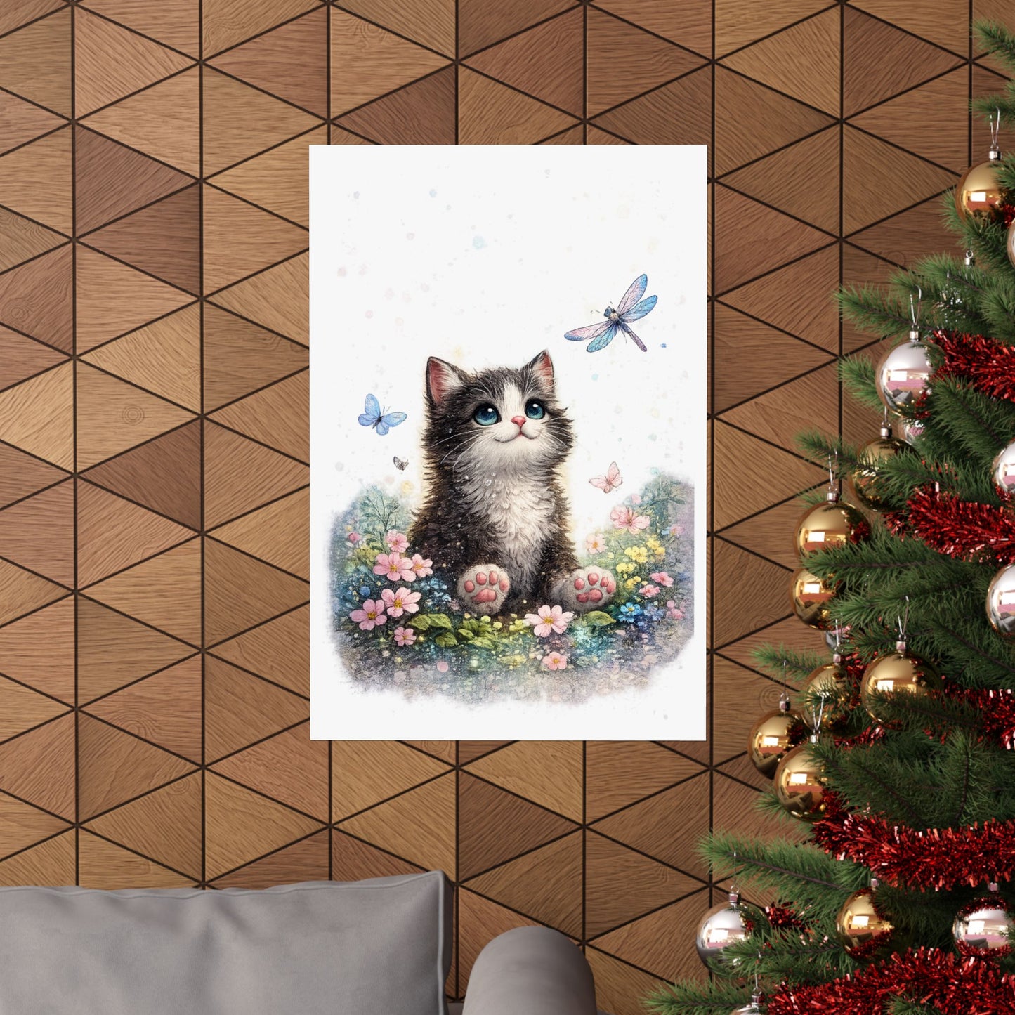 Whimsical Kitten Butterfly Garden Art Poster