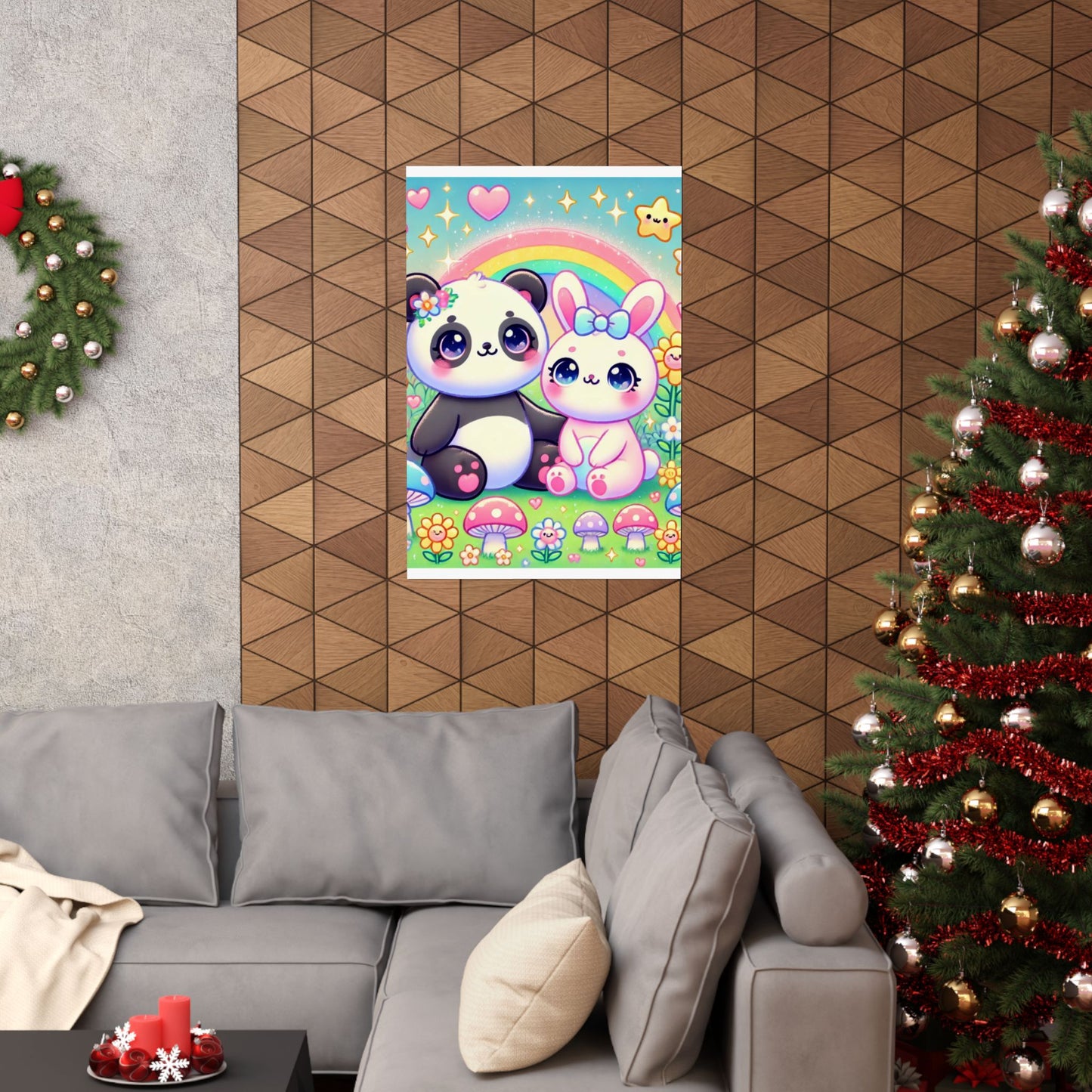 Pastel Panda and Bunny Rainbow Garden Wall Art Poster