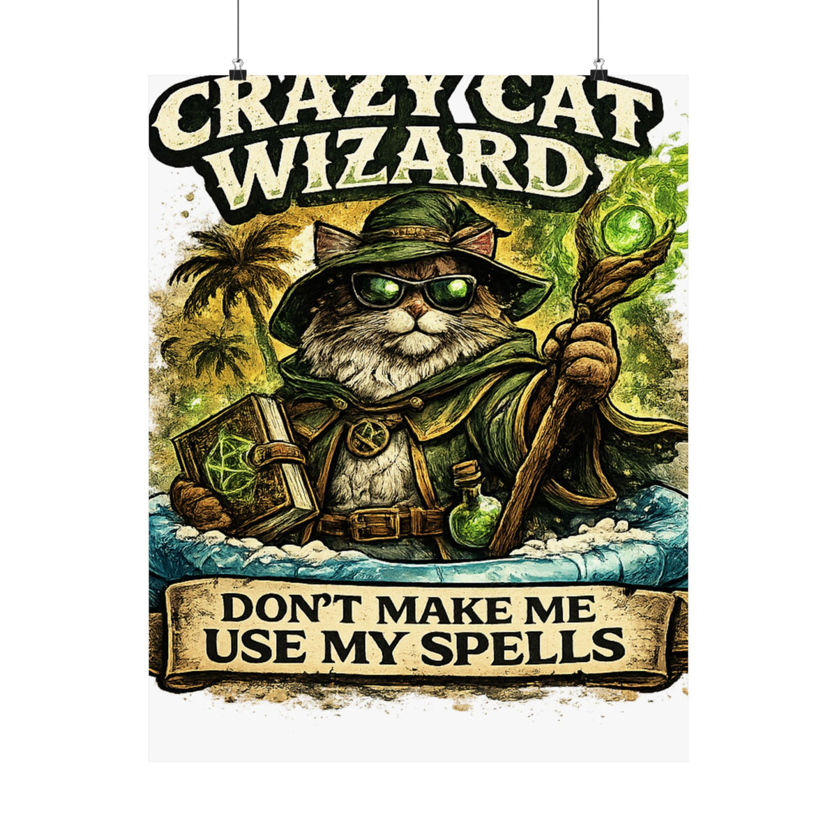 Crazy Cat Wizard Funny Fantasy Magic Art Poster