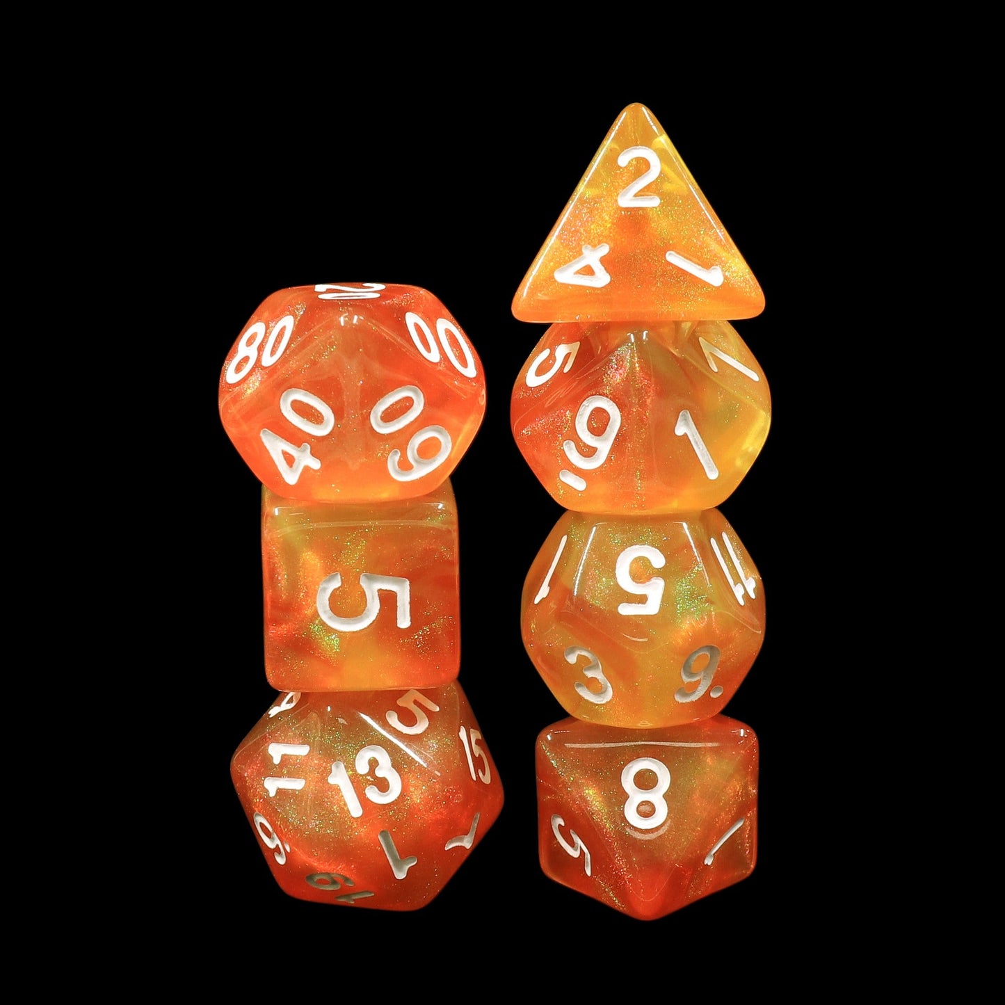 Walking the Sun Orange/Yellow Glitter 7-Dice Set by HendgaDice