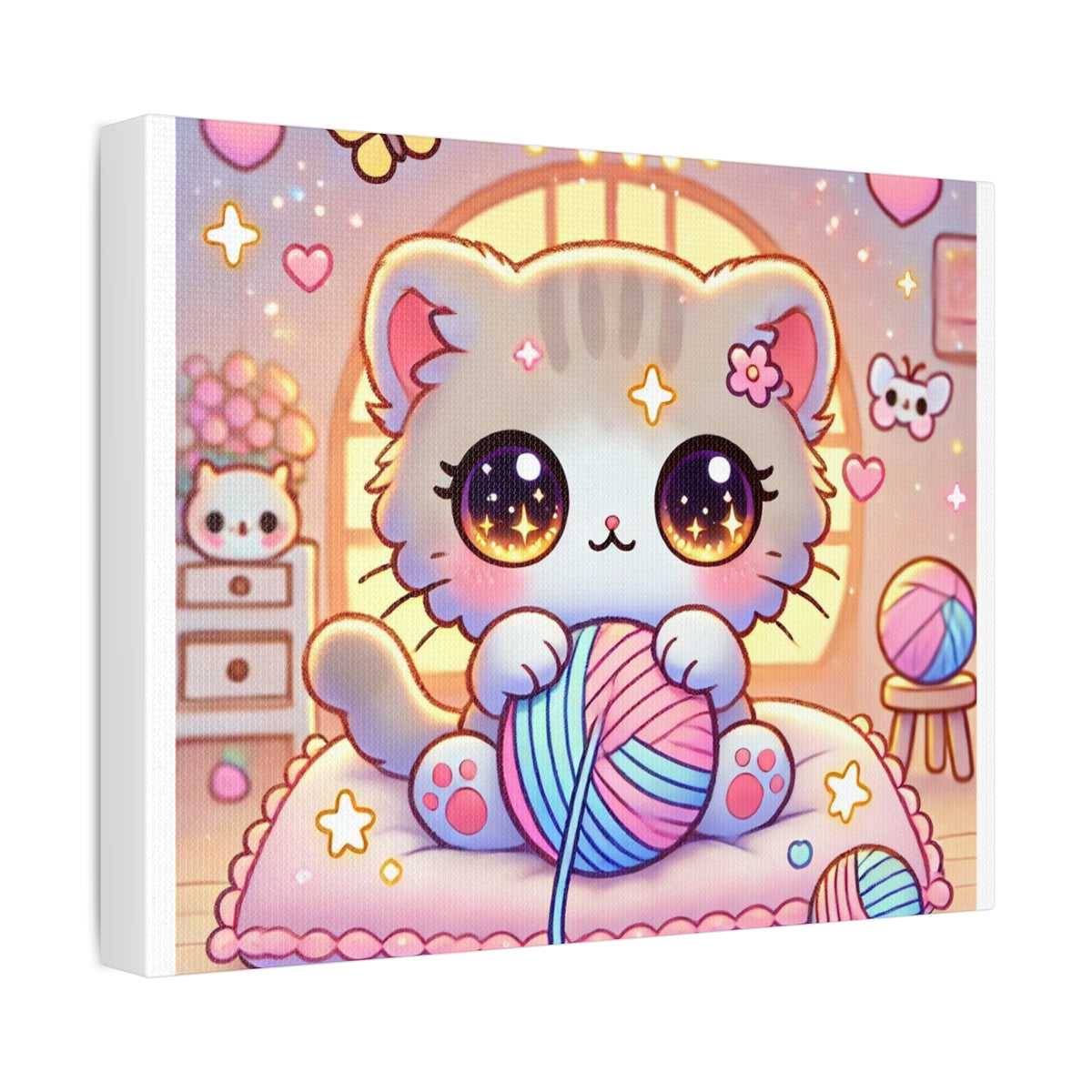 Cozy Kawaii Knitting Cat Pastel Yarn Canvas Wall Art