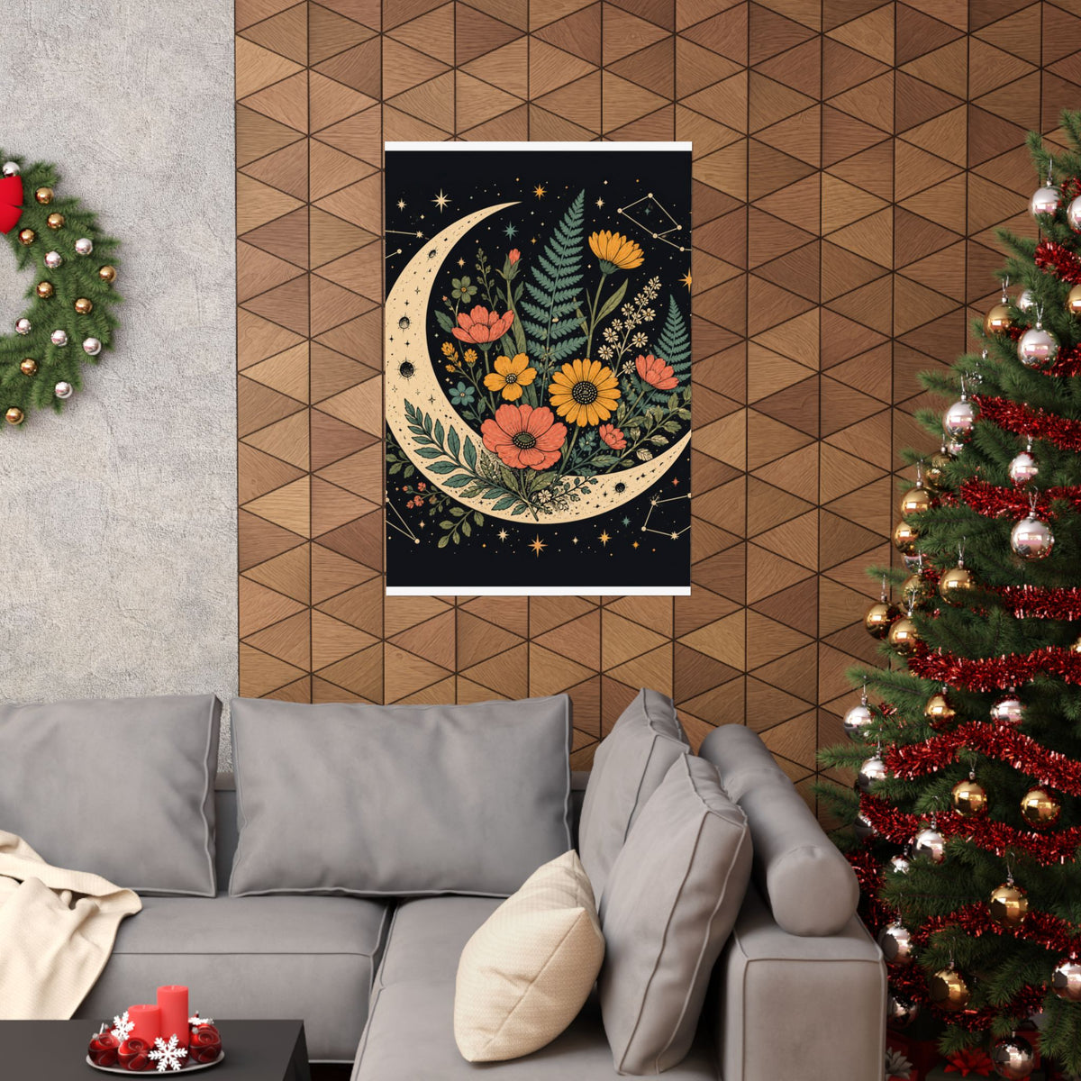 Celestial Wildflower Crescent Moon Botanical Art Poster