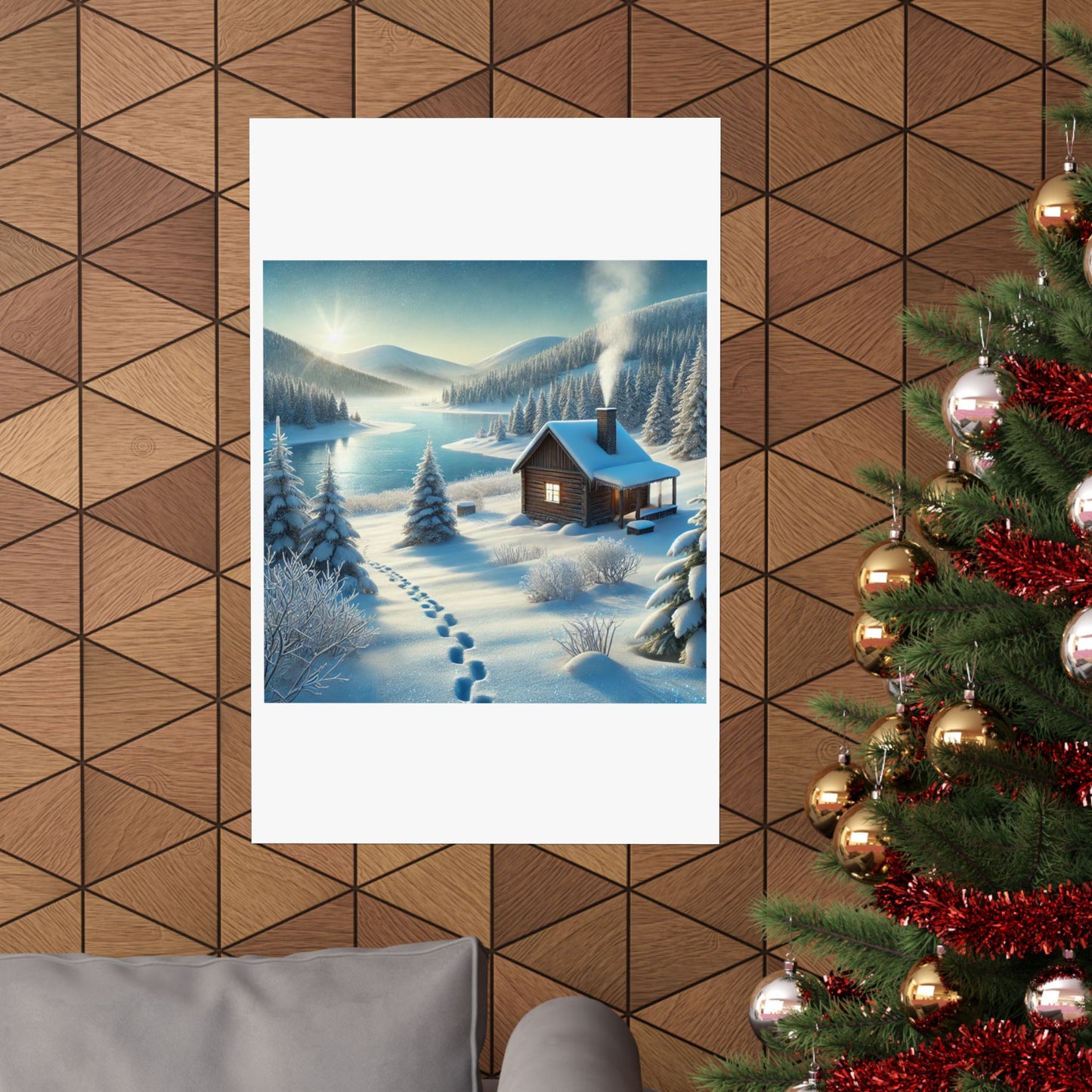 Snowy Cabin Winter Lake Landscape Art Poster