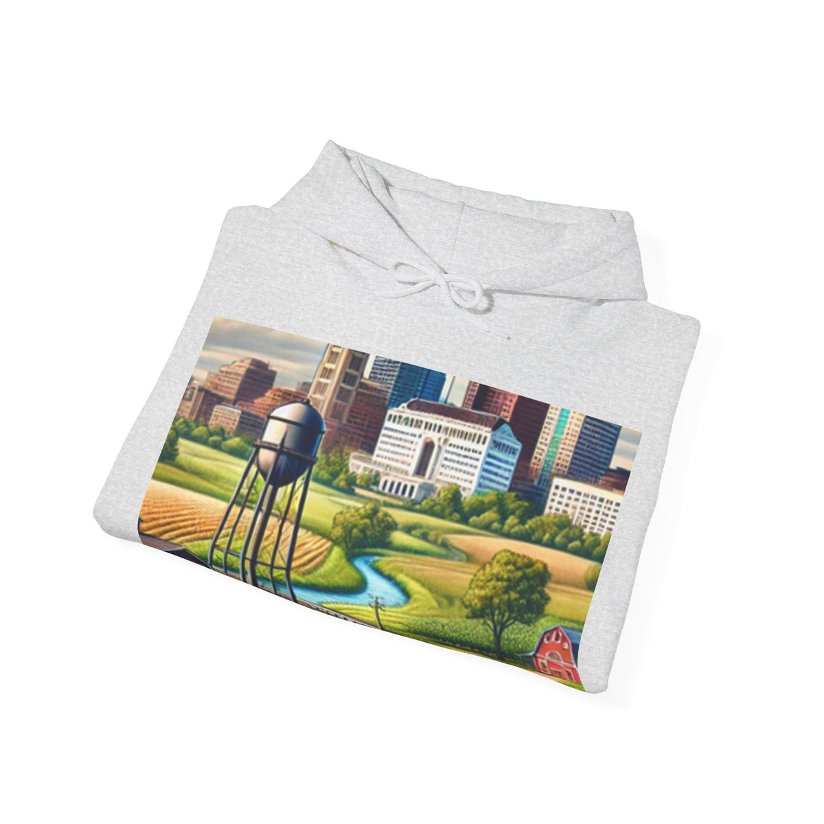 Rural River City Skyline Hometown Landscape Cozy Hoodie