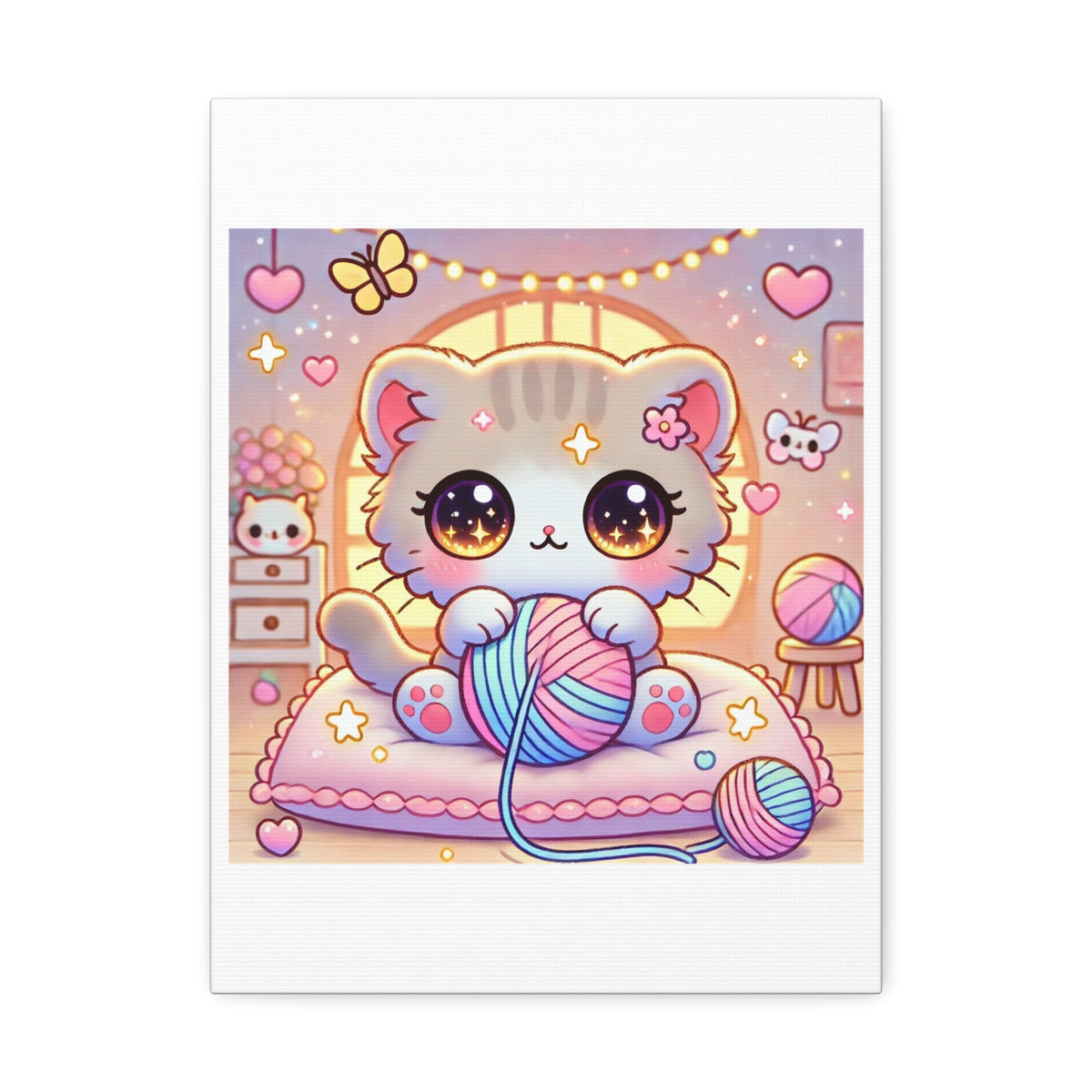 Cozy Kawaii Knitting Cat Pastel Yarn Canvas Wall Art