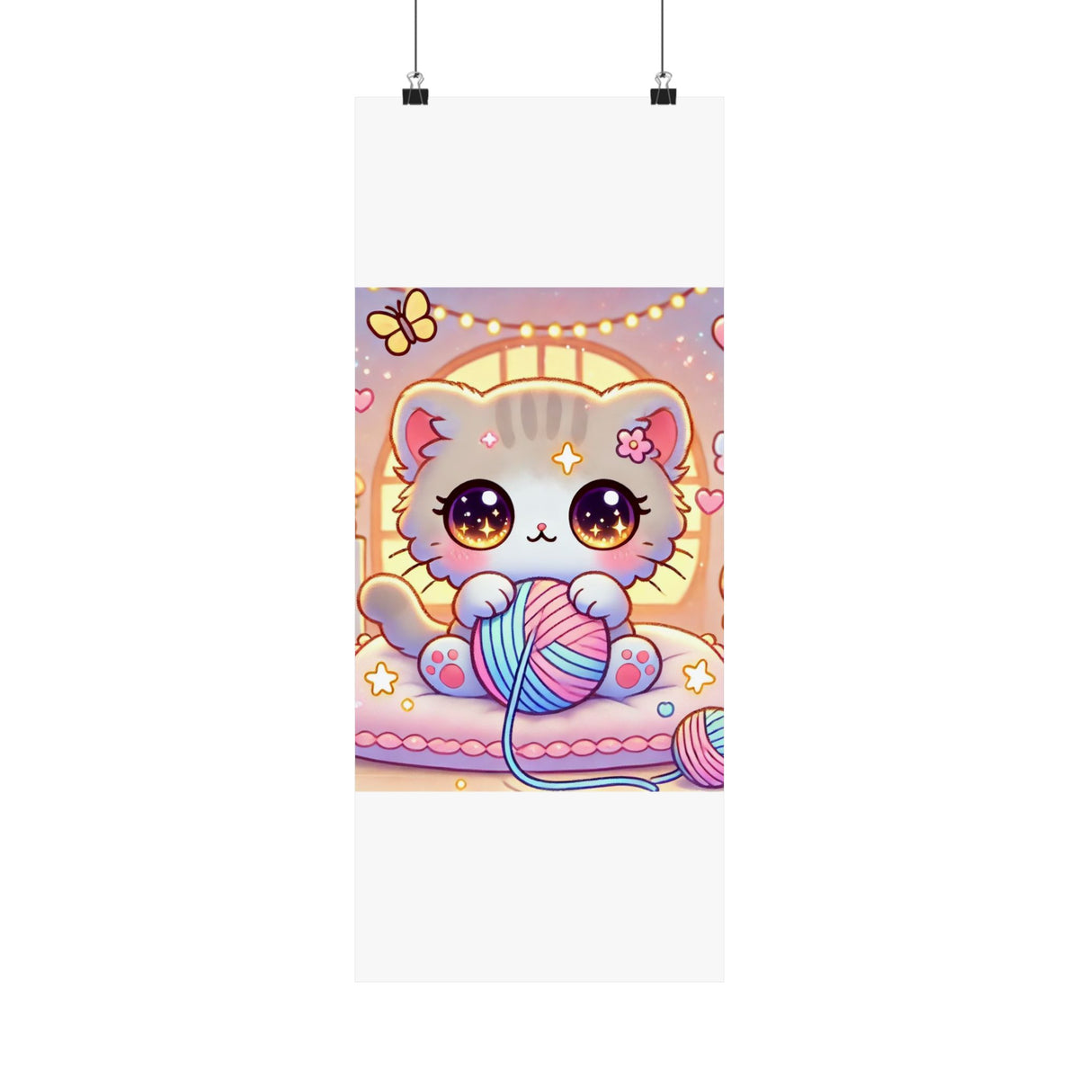 Cozy Kawaii Knitting Cat Pastel Yarn Wall Art Poster