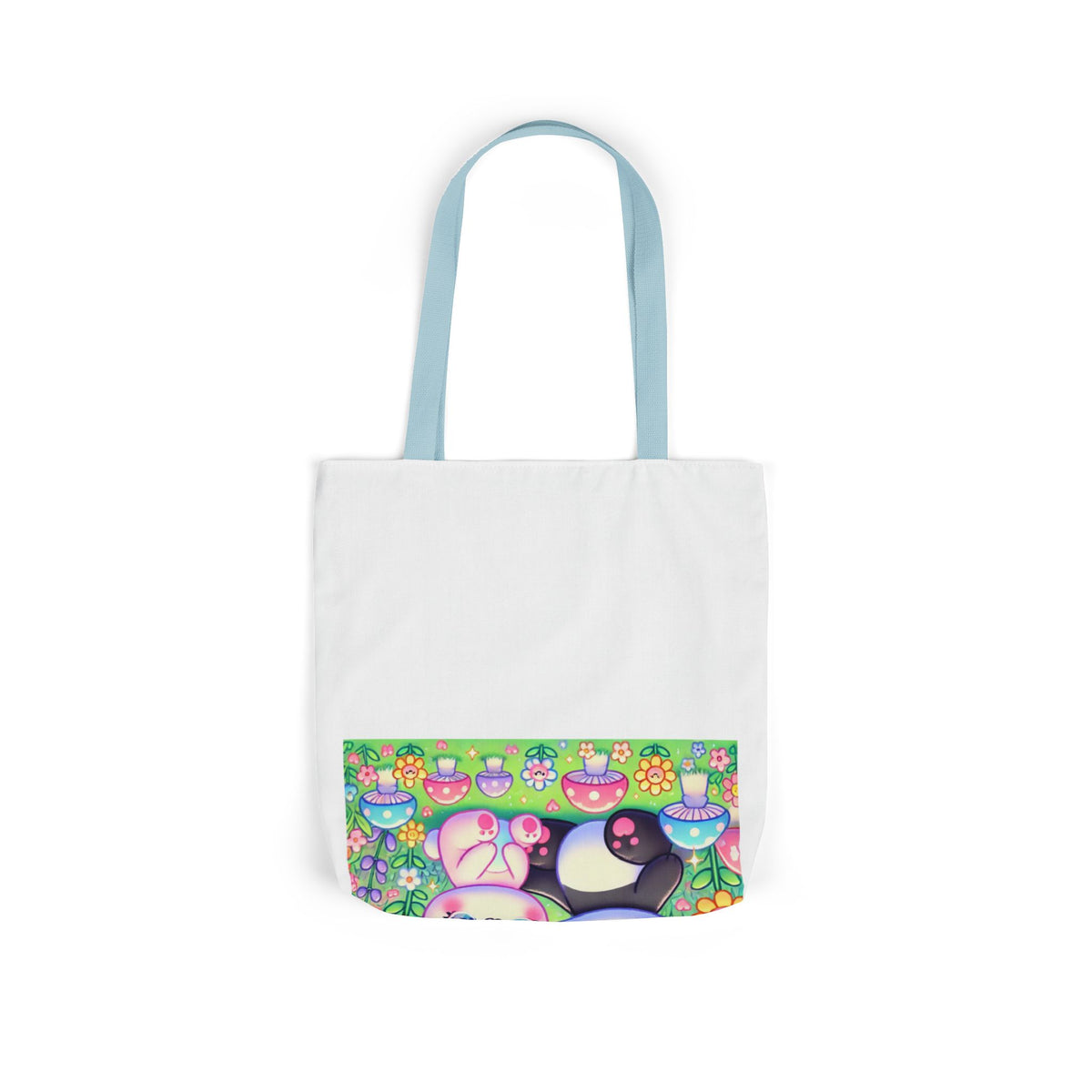 Pastel Panda and Bunny Rainbow Garden Canvas Tote Bag