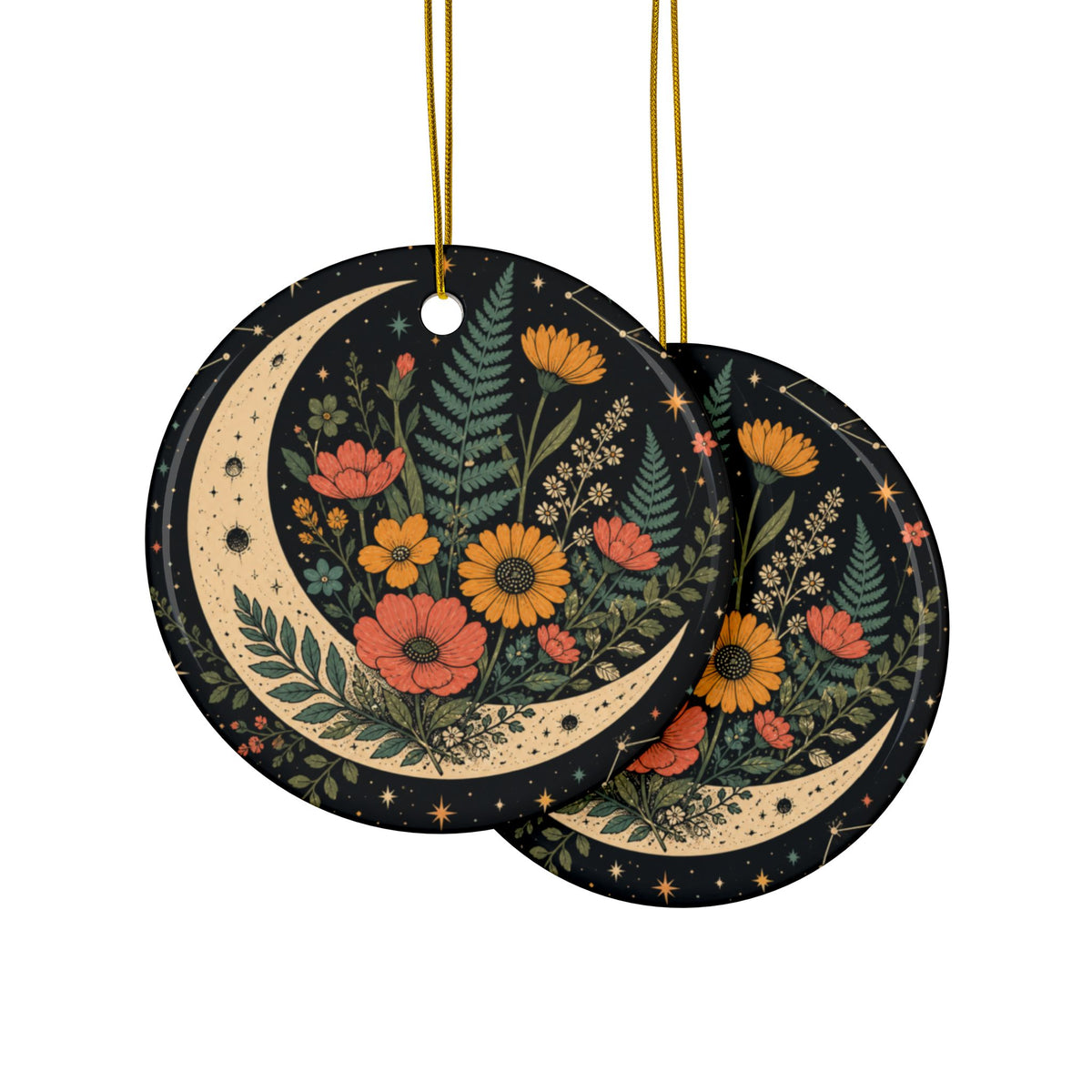 Celestial Wildflower Crescent Moon Botanical Art Ceramic Ornament, Holiday Keeps