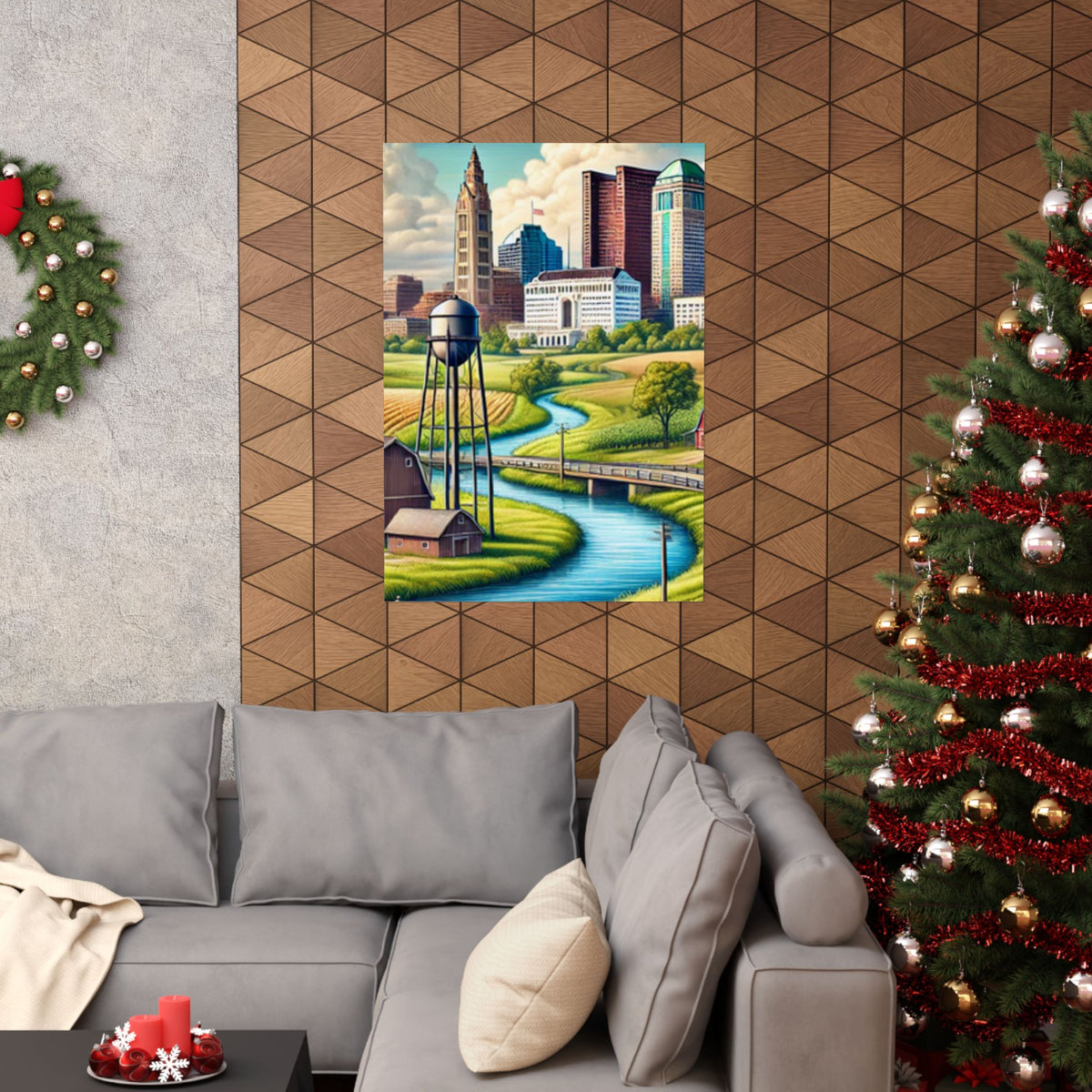 Rural River City Skyline Hometown Landscape Poster Art