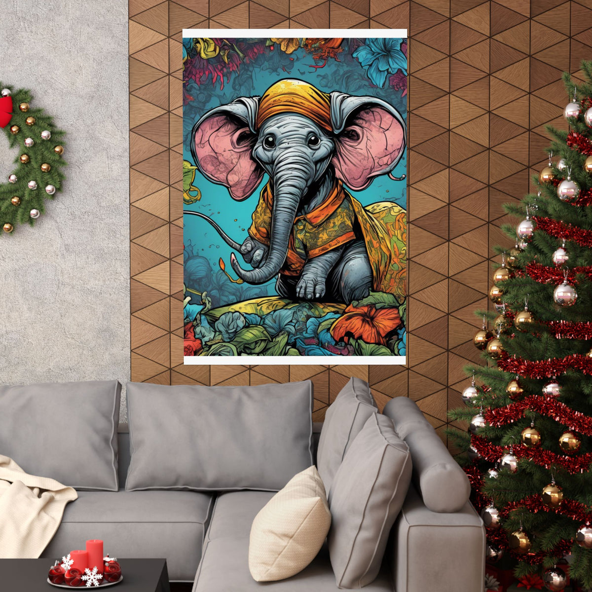 Colorful Storybook Elephant Floral Garden Wall Art Poster