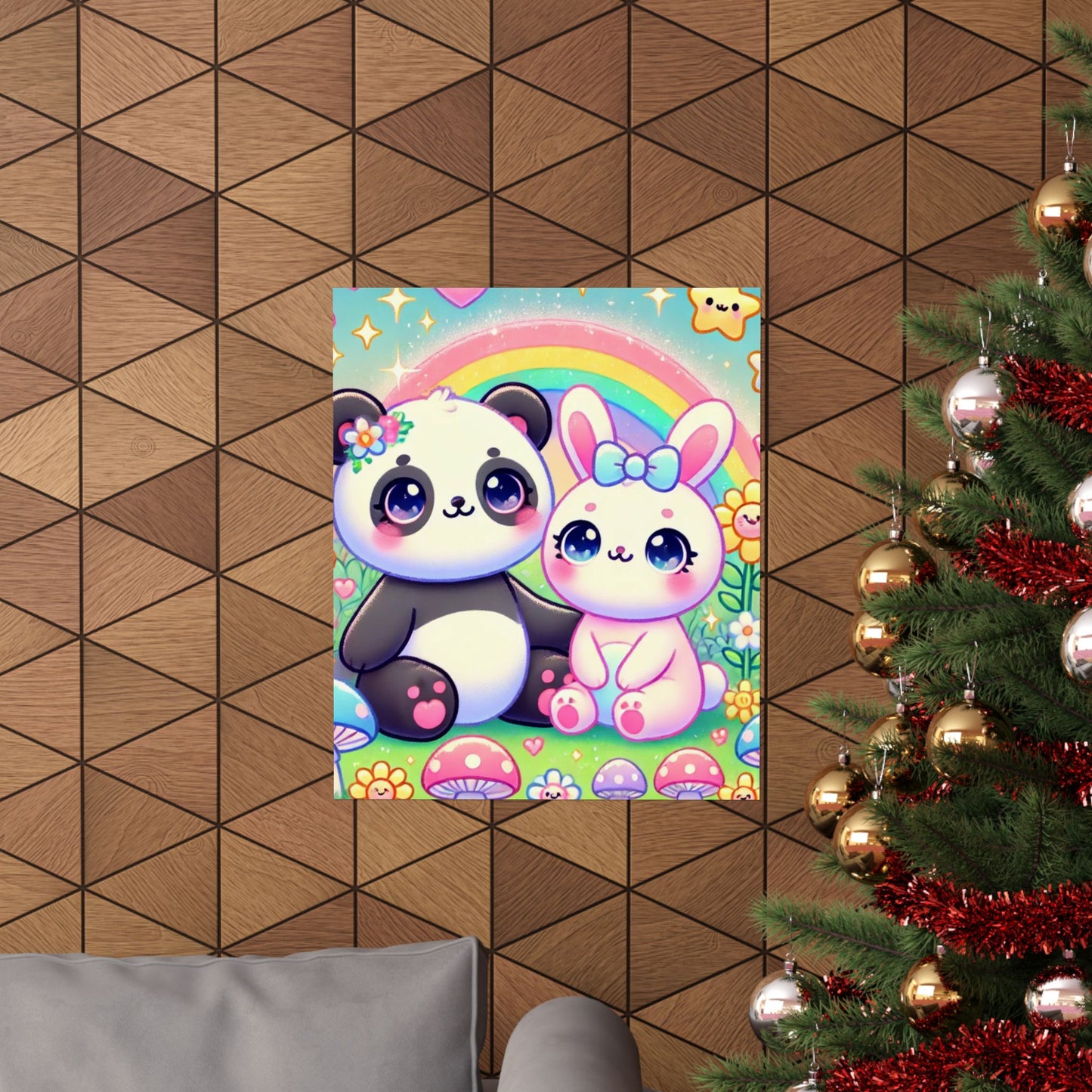 Pastel Panda and Bunny Rainbow Garden Wall Art Poster