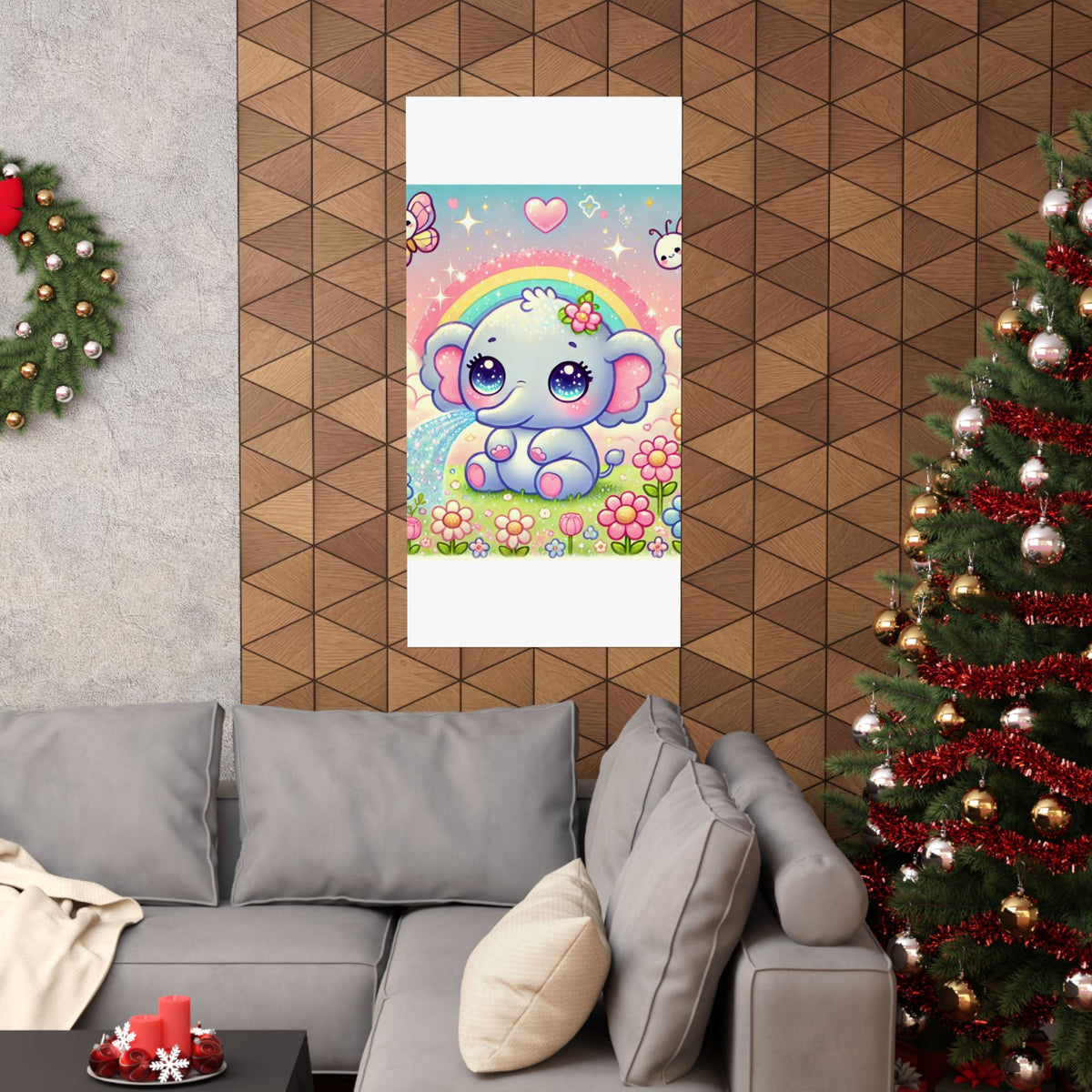Pastel Rainbow Baby Elephant Floral Wall Art Poster