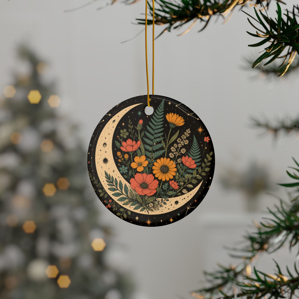 Celestial Wildflower Crescent Moon Botanical Art Ceramic Ornament, Holiday Keeps