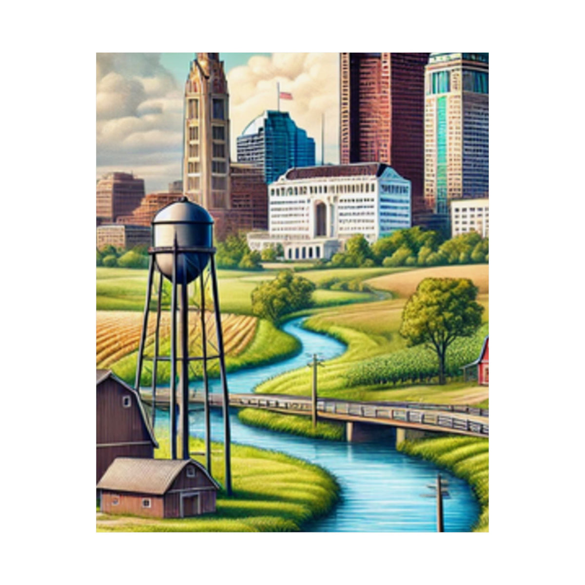 Rural River City Skyline Hometown Landscape Poster Art