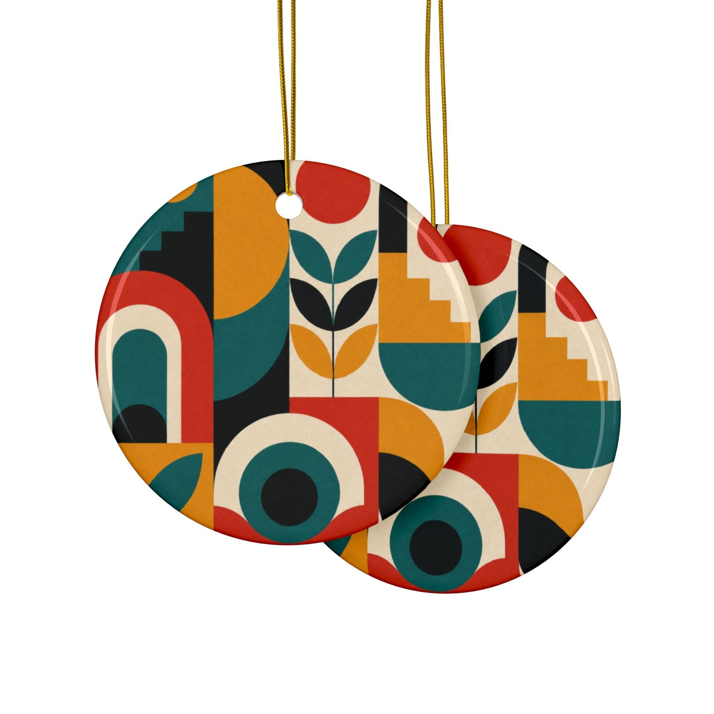 Mid Century Arches Botanical Geometric Abstract Ceramic Ornament, Holiday Keepsa