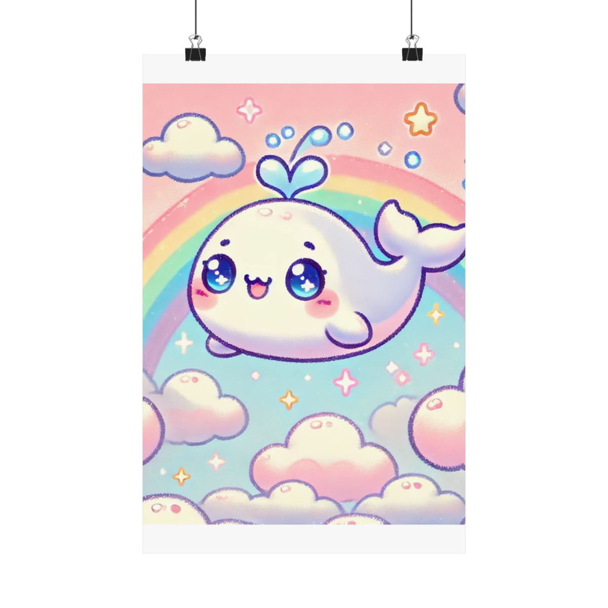 Kawaii Rainbow Whale Pastel Cloud Wall Art Poster