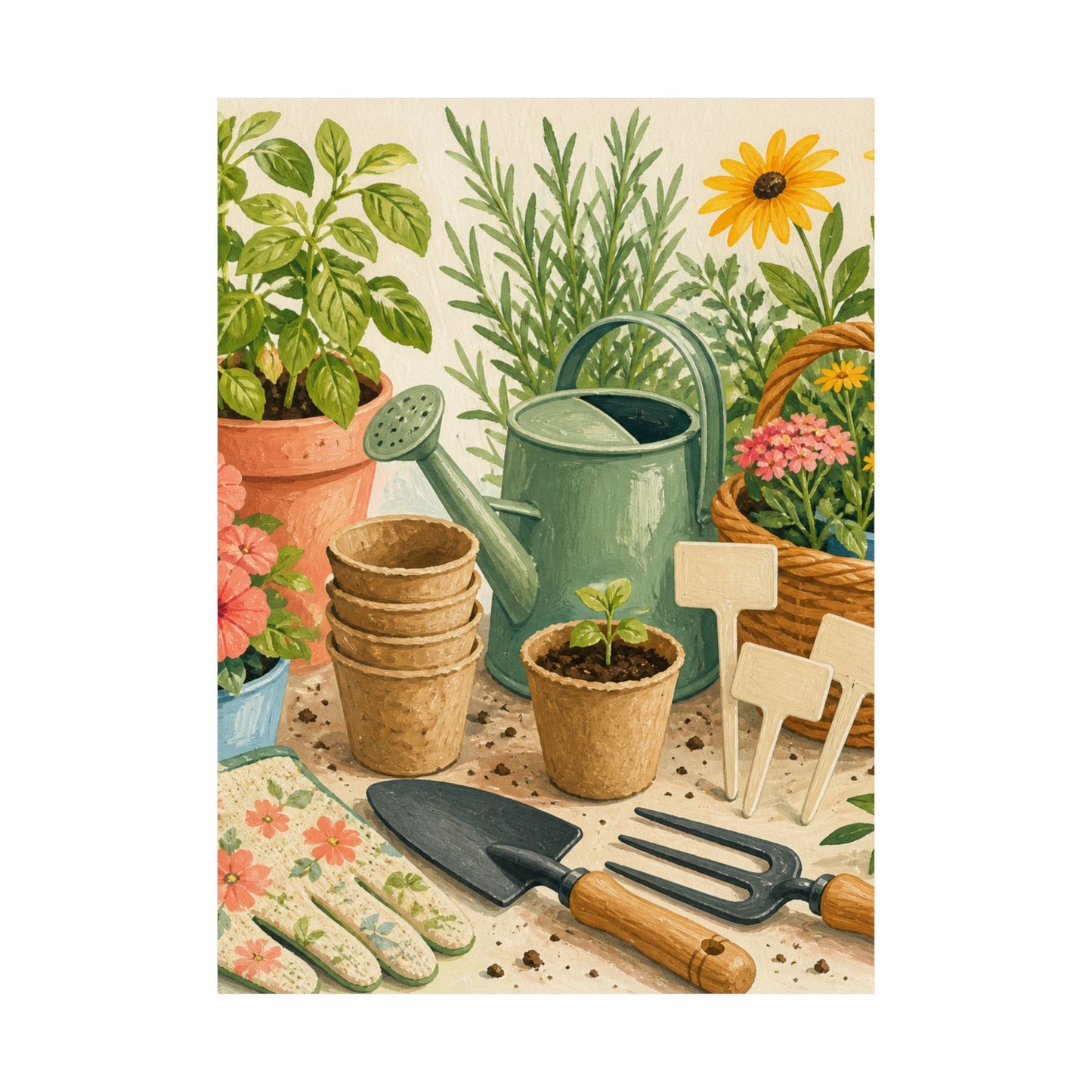 Colorful Gardening Tools and Flowers Hobby Poster