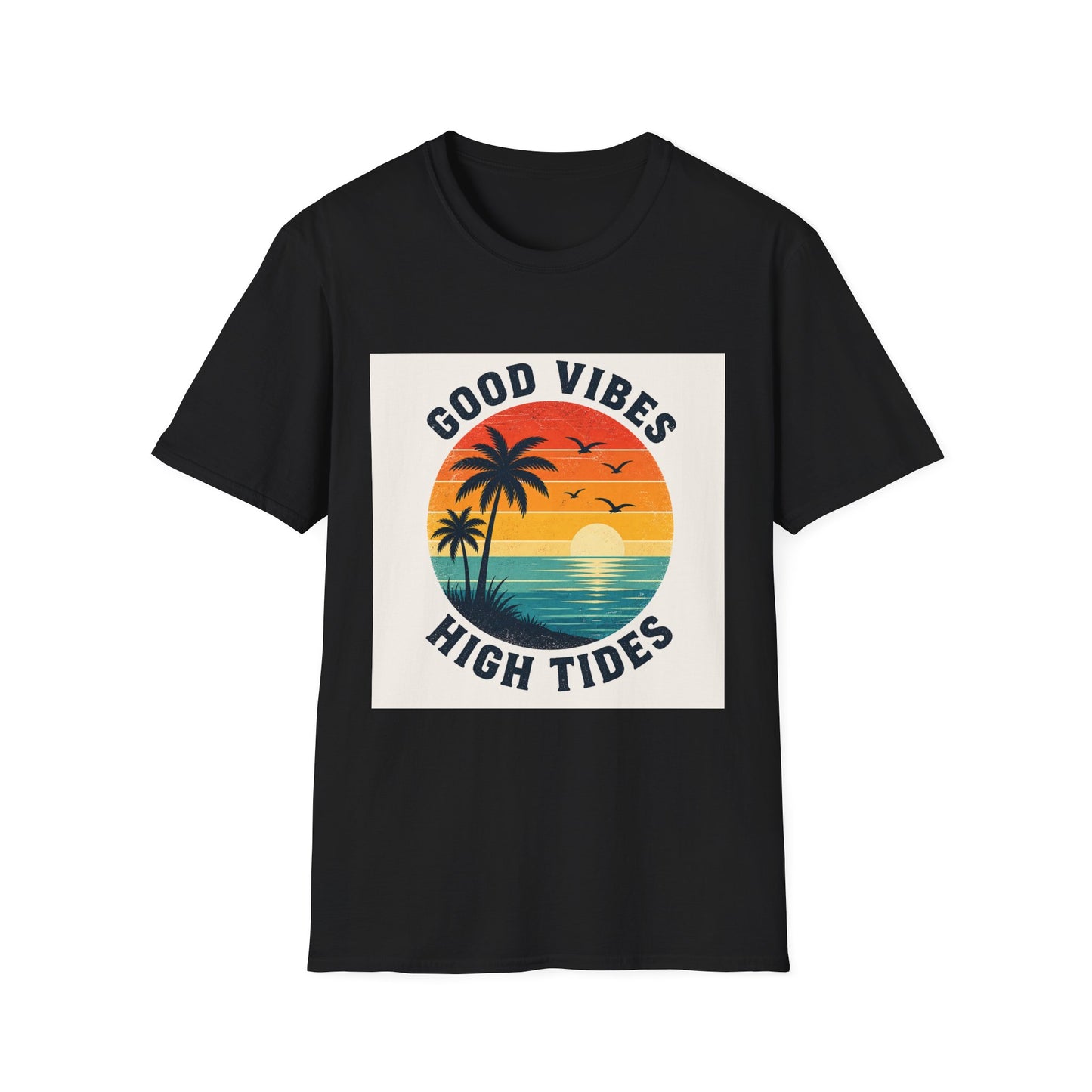 Good Vibes High Tides T-Shirt | Retro Sunset Palm Beach Design