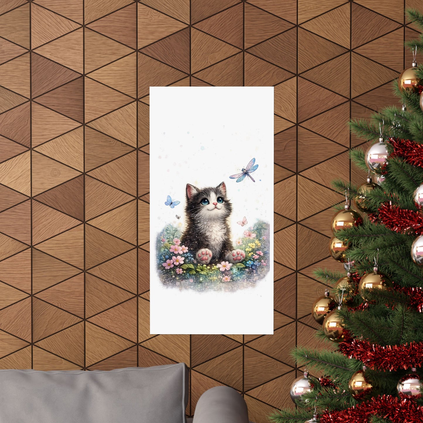 Whimsical Kitten Butterfly Garden Art Poster