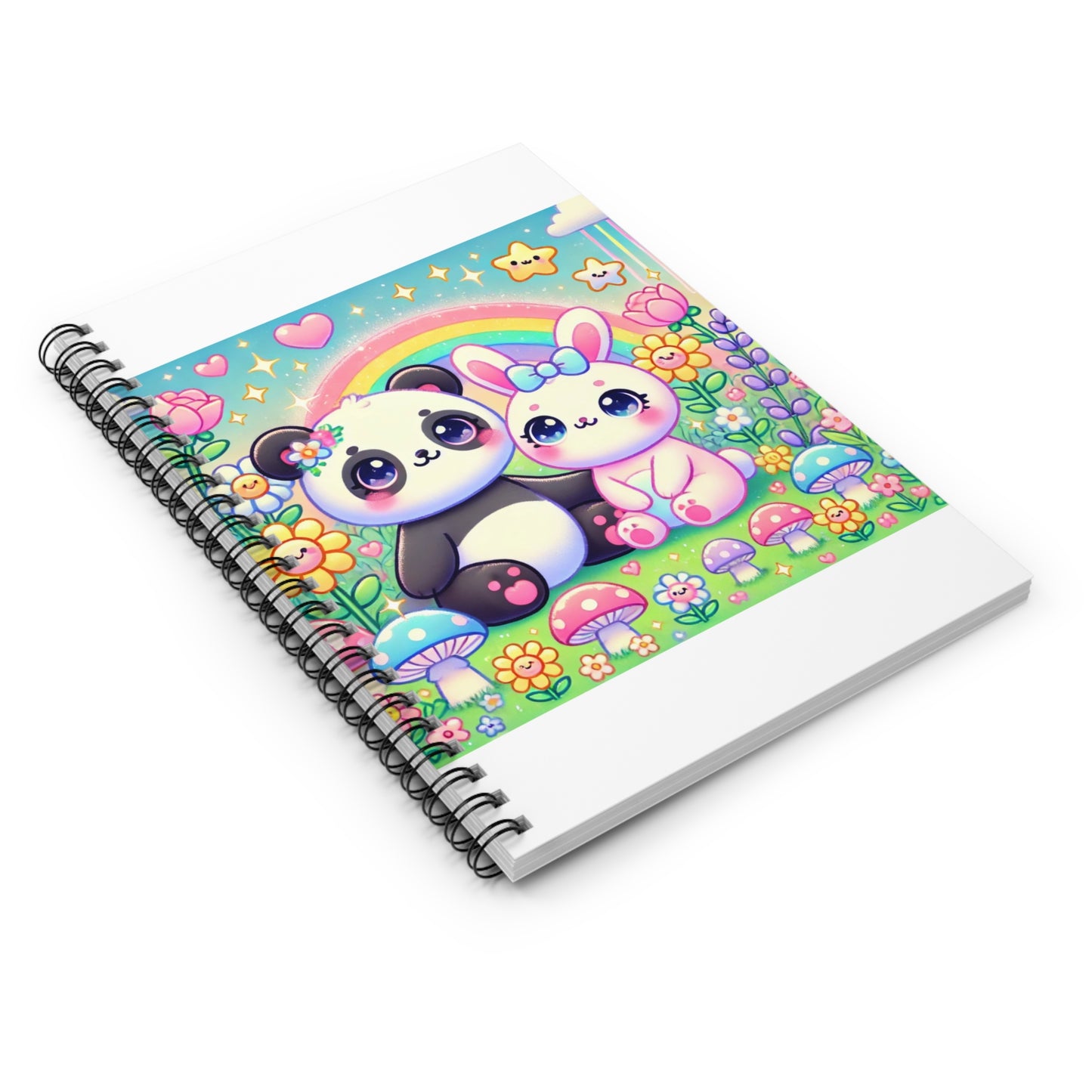 Pastel Panda and Bunny Rainbow Garden Spiral Notebook