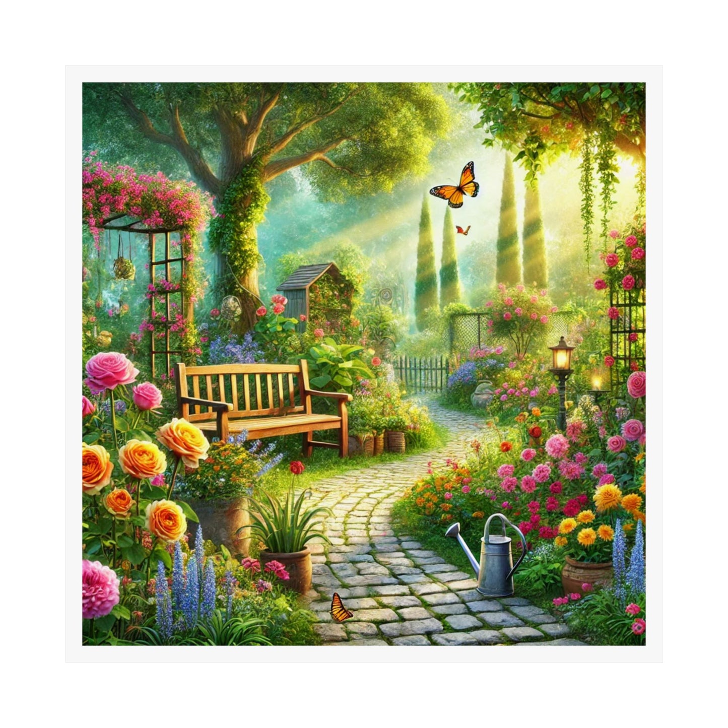 Sunlit Spring Flower Garden Bench Poster