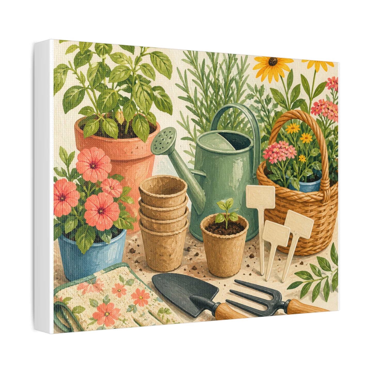 Colorful Gardening Tools and Flowers Canvas Art
