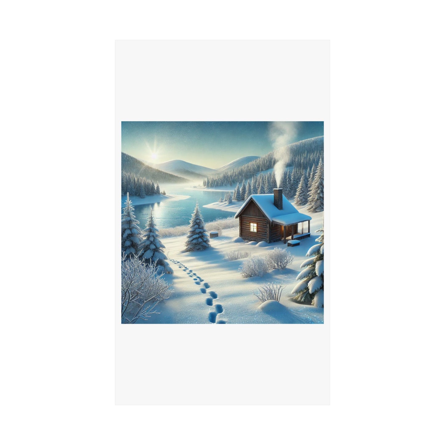 Snowy Cabin Winter Lake Landscape Art Poster
