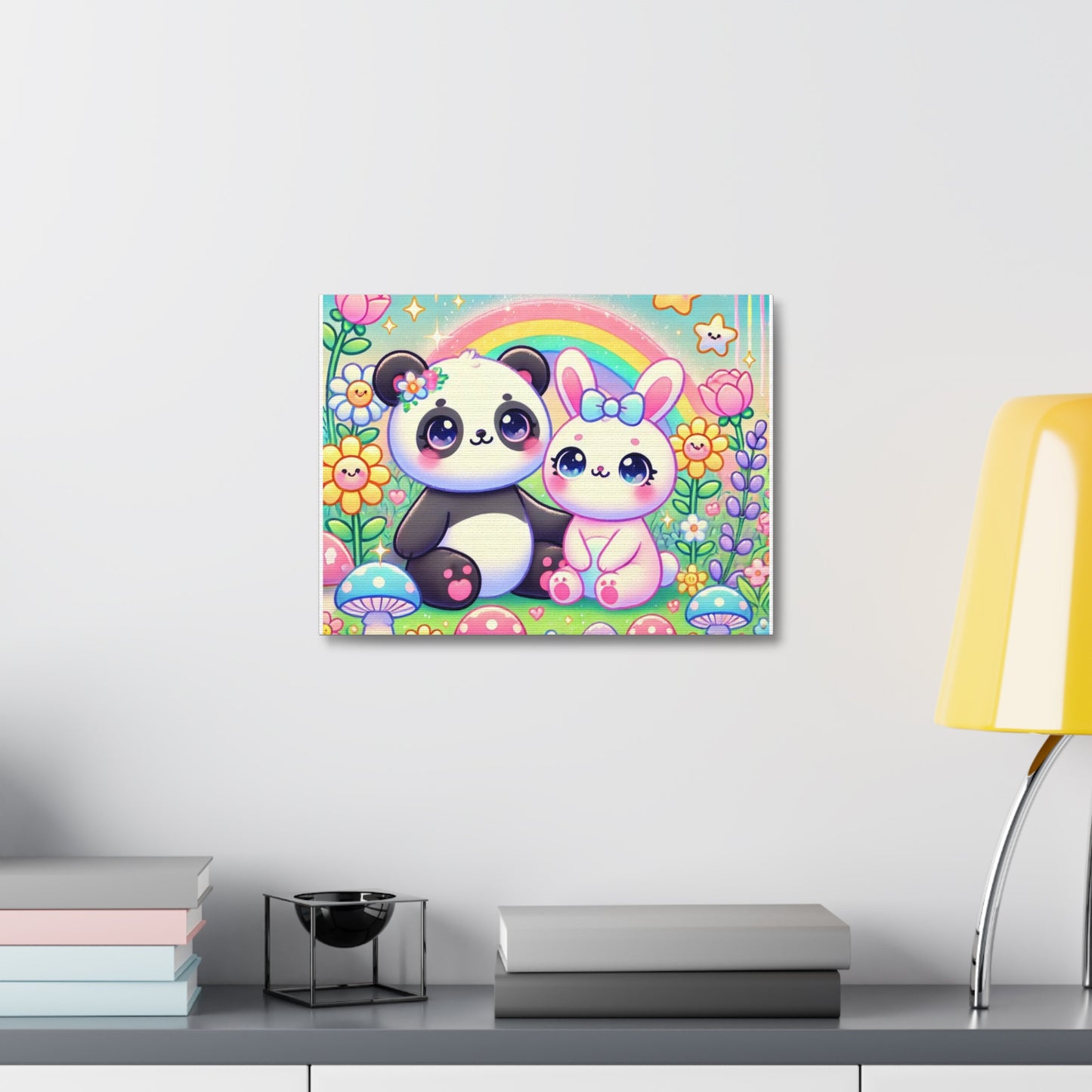 Pastel Panda and Bunny Rainbow Garden Canvas Wall Art