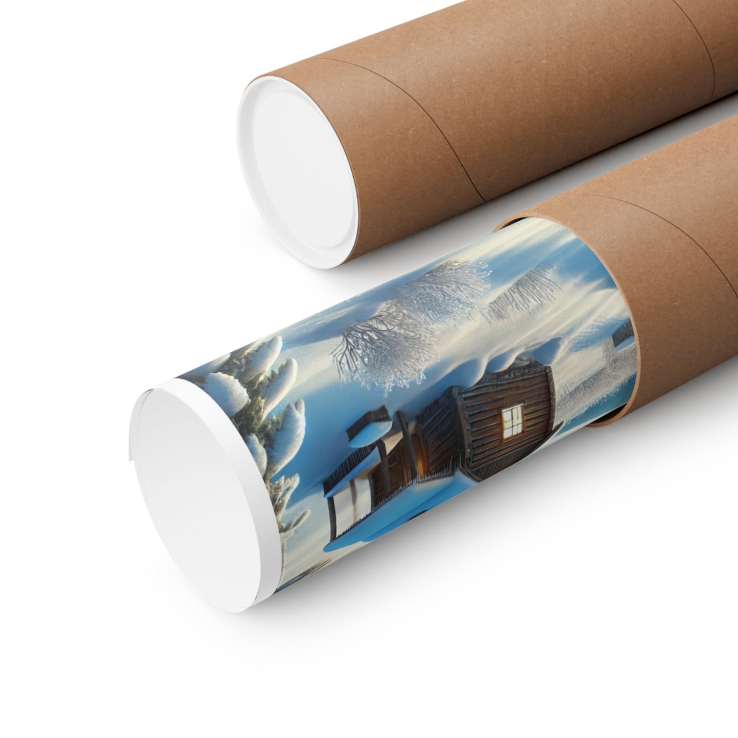 Snowy Cabin Winter Lake Landscape Art Poster