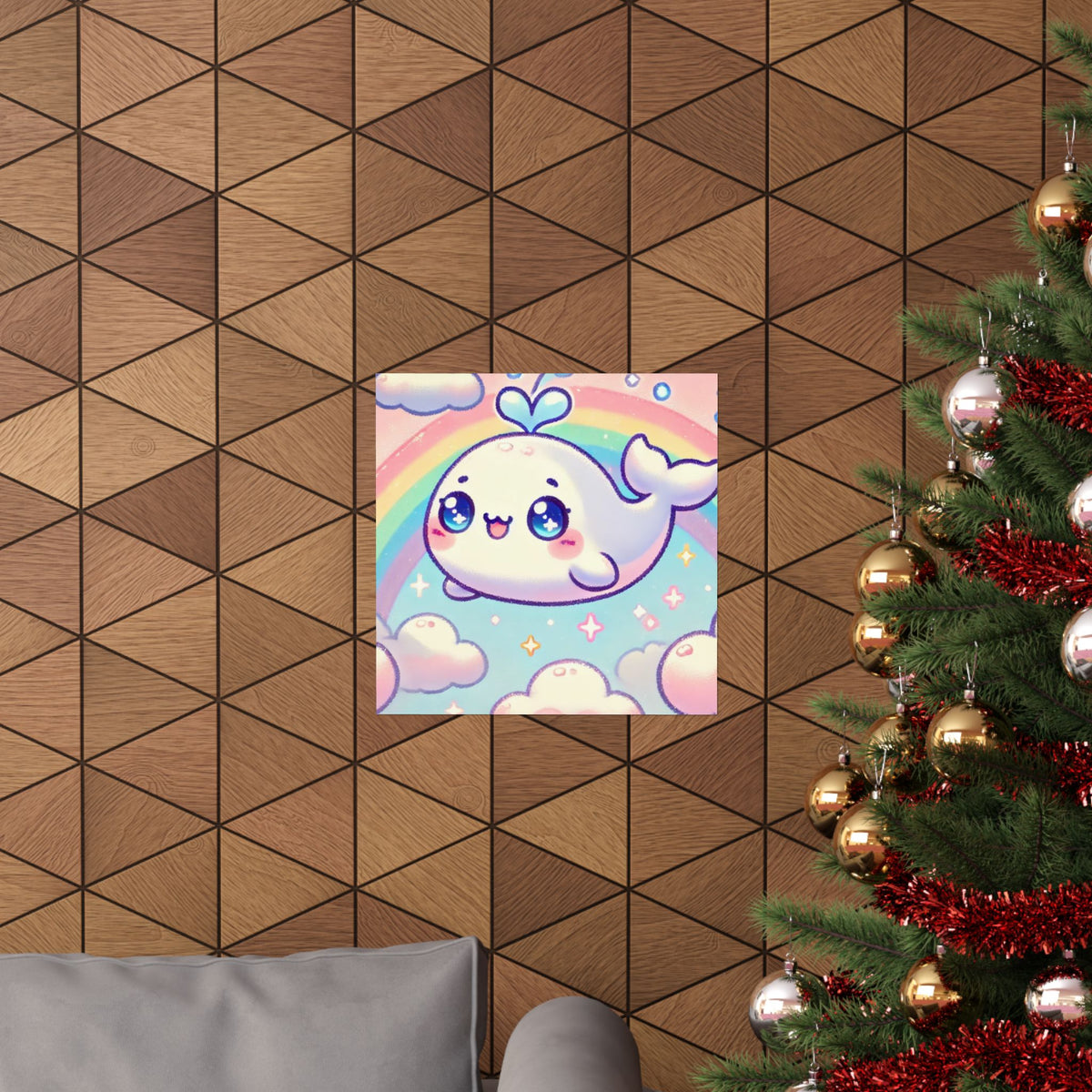Kawaii Rainbow Whale Pastel Cloud Wall Art Poster