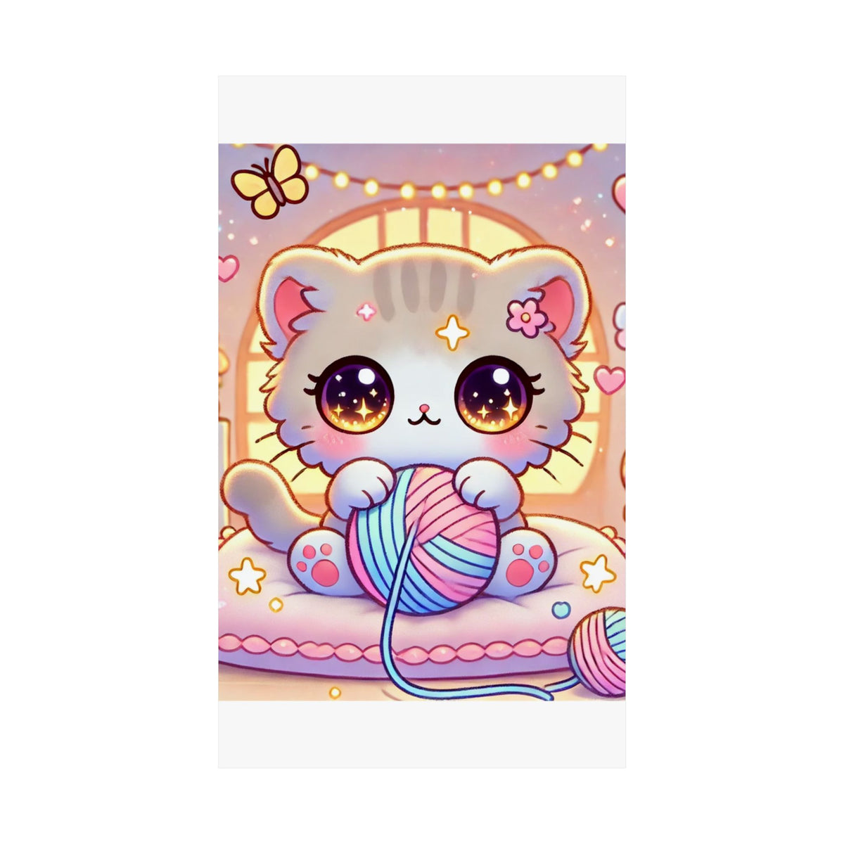 Cozy Kawaii Knitting Cat Pastel Yarn Wall Art Poster