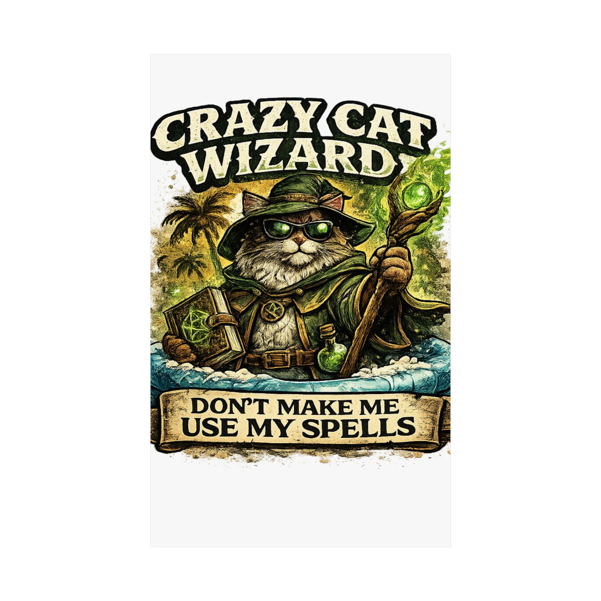 Crazy Cat Wizard Funny Fantasy Magic Art Poster
