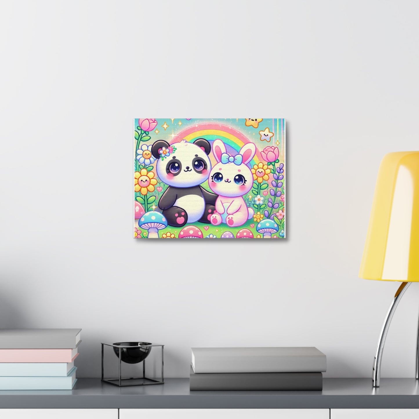 Pastel Panda and Bunny Rainbow Garden Canvas Wall Art
