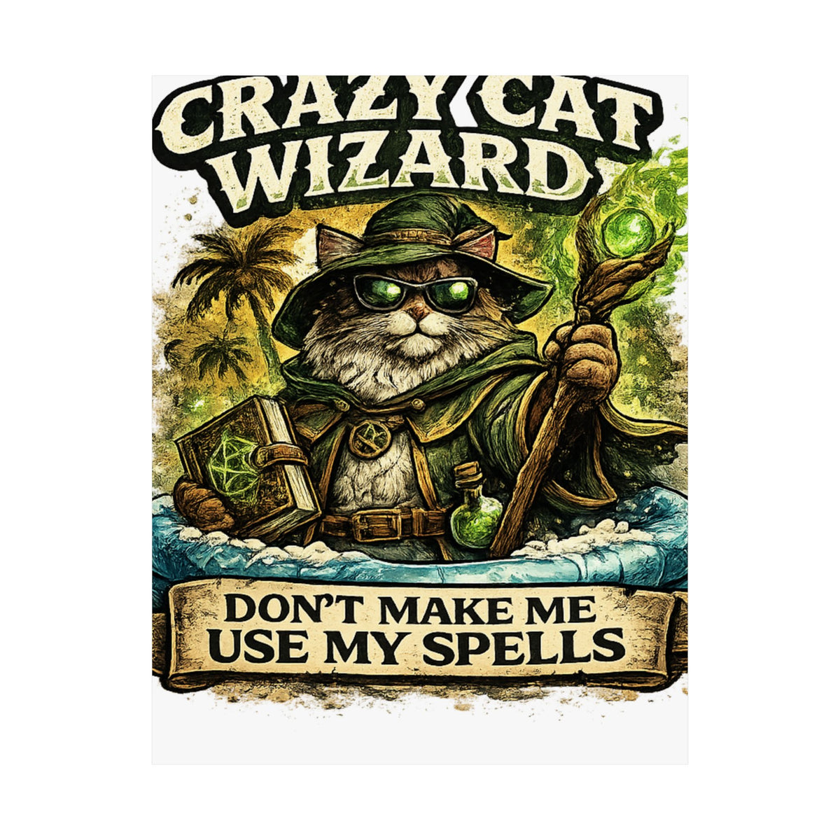 Crazy Cat Wizard Funny Fantasy Magic Art Poster
